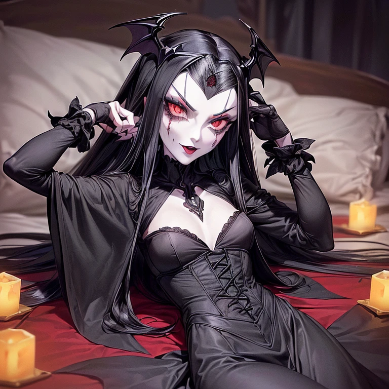 Sexy gothic fantasy, dark and alluring, elegant vampire with captivating eyes and flowing black hair, female, fangs, huge breast, blood, sexy, best face, detailed face, best quality eyes, hiquality, masterpiece, 8k