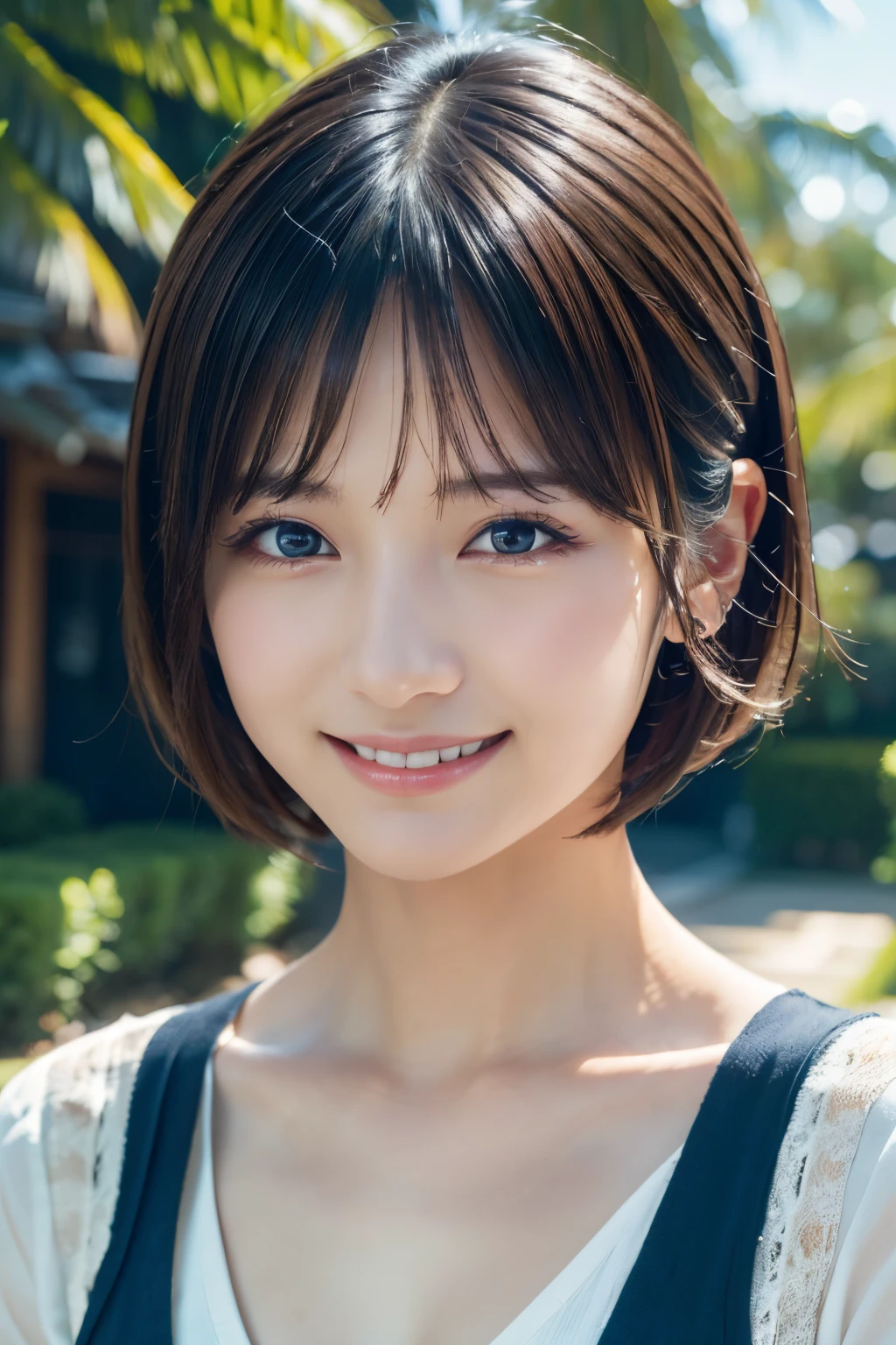 (A hyper-realistic) , (photographrealistic:1.4),(Increase the resolution), (8K), (ighly detailed), (beatiful detailed eyes), (best qualtiy), (ultra-detailliert), (masterpiece), (wall-paper), (详细的脸), 独奏,1 rapariga, perfect beautiful japanese woman:1.4、25-years old、looking at the viewers, delicate detail, A detailed face, Shorthair, hair messy, asymmetrical bangs, (A smile:1.5),