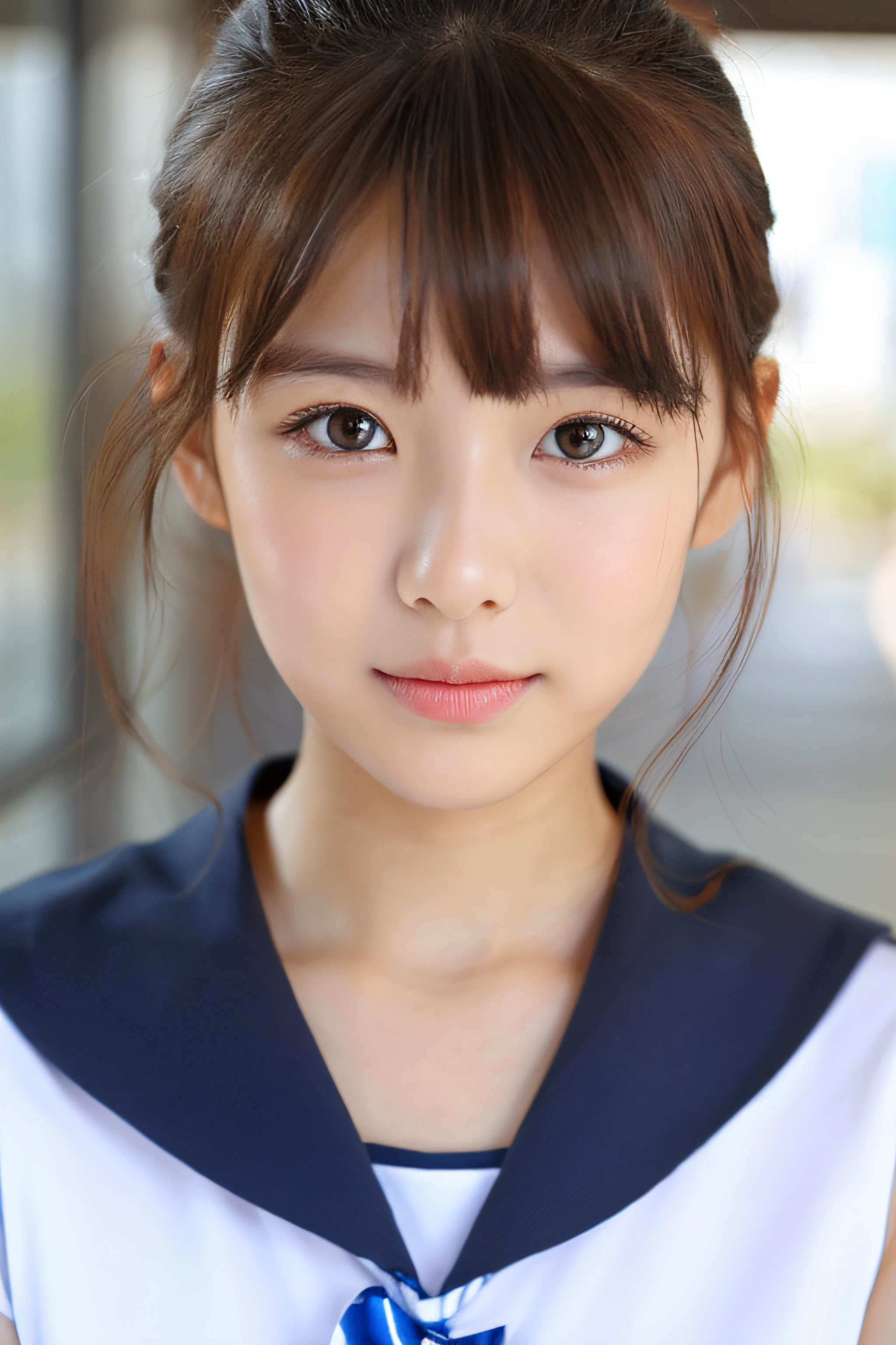 (1 Girl )、(Beautiful Japanese、18years old,round face、Refreshing、clear、seems kind、stylish、Pitiful、cute like an angel、cute、black eyes、(Single eyelid:1.3)、Beautiful skin), {(Japan human face:1.4),(General facial features)} , (((Beautiful breasts:0.4))),(((soft breasts))),(very cute),(short hair),(enchanting eyes),(highlight on eyes:1.2)、(8K、Live shooting、highest quality、masterpiece:1.2、optimal lighting)、((masterpiece)),(Photo taken by a professional photographer),(real、photo real:1.4),BREAK,{(cute Japanese high school sailor uniform),((traditional Sailor Suit:1.0))},(cheeks are red:1.3), BREAK, BREAK,Face shot:1.3、 face close-up,Looking at viewer,lonly face:1.4、Japan,morning、Summer、from above、Japanese high school classroom,(((1970s vibe)))