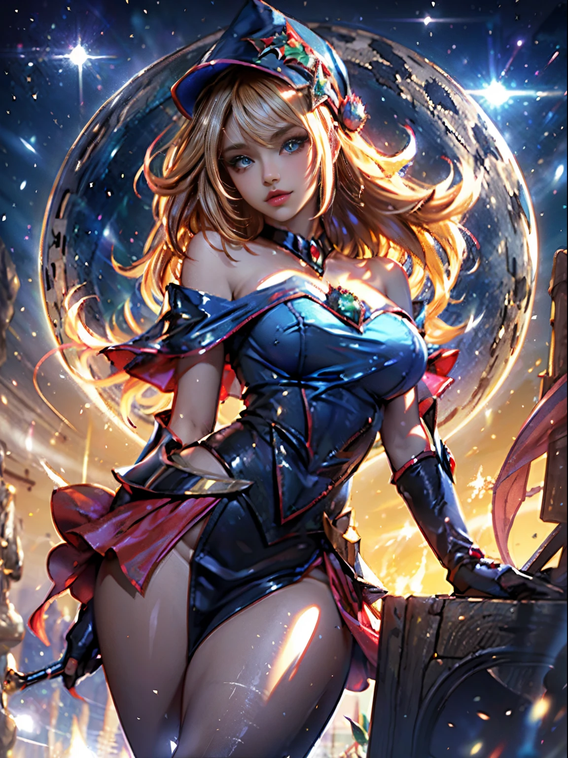 Dark magician gils. Rubia dorada sexy, ojos azules, Cara hermosa, Fit and athletic body, travieso, guarra, Manos perfectas, Manos detalladas, Ojos azules perfectos, ojos detallados, flirty, sexy, tetas grandes y alegres, cuerpo completo, realista, HDR, UHD, dynamic, sentado en el suelo frente a una chimenea, Posando, Santa Claus red dress, christmas tree, botas negras. Pose sejustiva y sensual