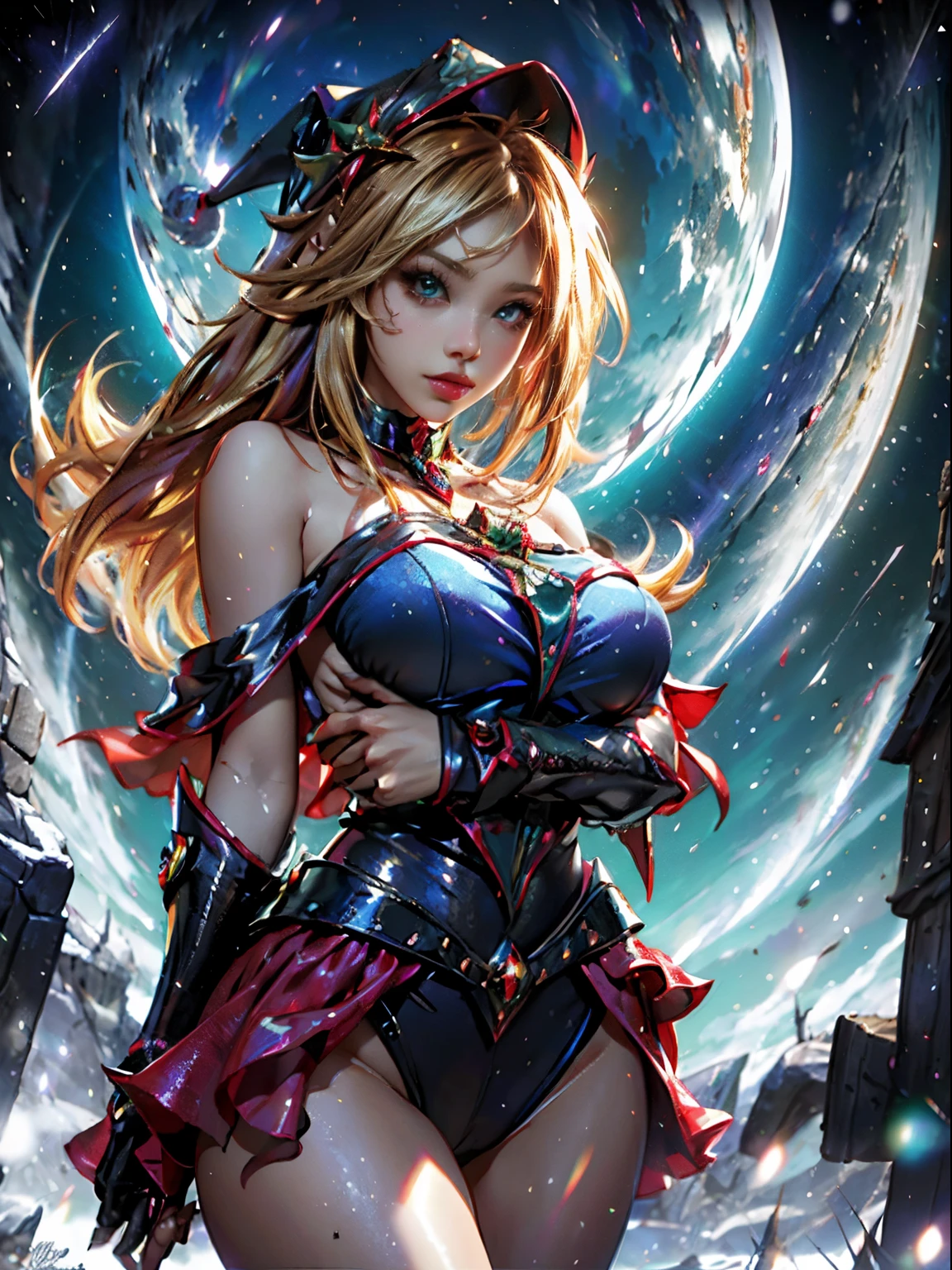 Dark magician gils. Rubia dorada sexy, ojos azules, Cara hermosa, Fit and athletic body, travieso, guarra, Manos perfectas, Manos detalladas, Ojos azules perfectos, ojos detallados, flirty, sexy, tetas grandes y alegres, cuerpo completo, realista, HDR, UHD, dynamic, sentado en el suelo frente a una chimenea, Posando, Santa Claus red dress, christmas tree, botas negras. Pose sejustiva y sensual