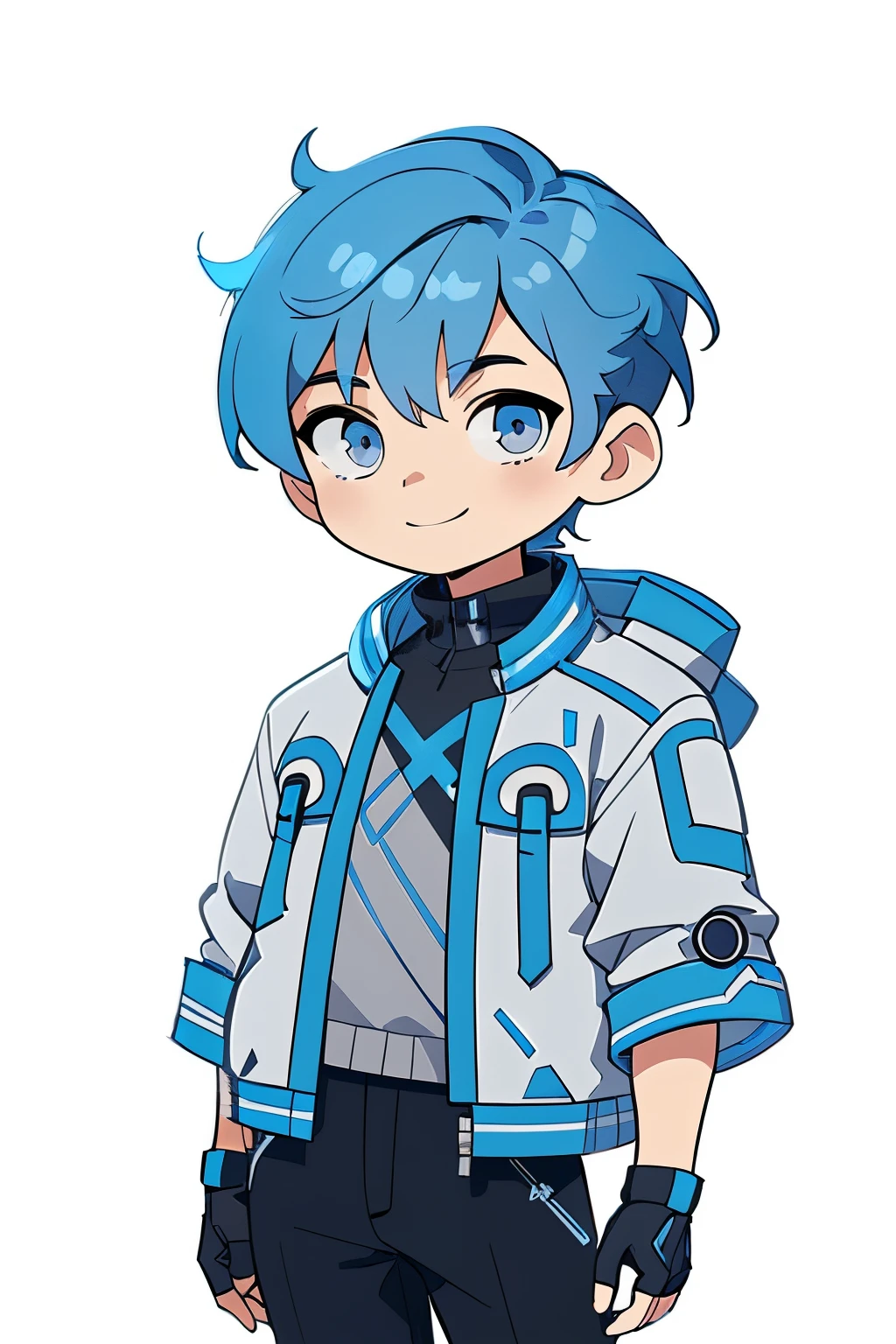 Concept art, original character design, Q version of the character, best quality, ((1 boy)), light smile, ((blue short mashroom hair)), (cool grey eyes, blue and white futuristic jacket), (digital vision background), (chibi)