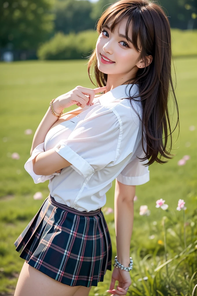 the Extremely Detailed CG Unity 8K Wallpapers、top-quality、ultra-detailliert、masterpiece、realisitic、Photo Real、extremely detailed cute girl、18year old、(High school student in Japan uniform)、red blush、cparted lips、looking at the viewers、Semi-body shot、(Scenery of the rainy season)、(Japan high school uniform and designated shoes)、(short plaid skirt:1.5)、(Short sleeve white shirt for students)、 (neck tie:1.2)、(light brown random hair)、(beauitful face:1.3)、(perfectly proportions:1.2)、(Long feet:1.2)、(small tits:1.3)、(Textured skin)、Looks Back、over the shoulder view、focused shot、((Blouse wet from rain、The brusher can see through))、(The bra on the back shows through)、smirk grin、((wetting hair、wetted skin))、((The upper part of the body))、Angle from above、(Wet white panties:1.5)