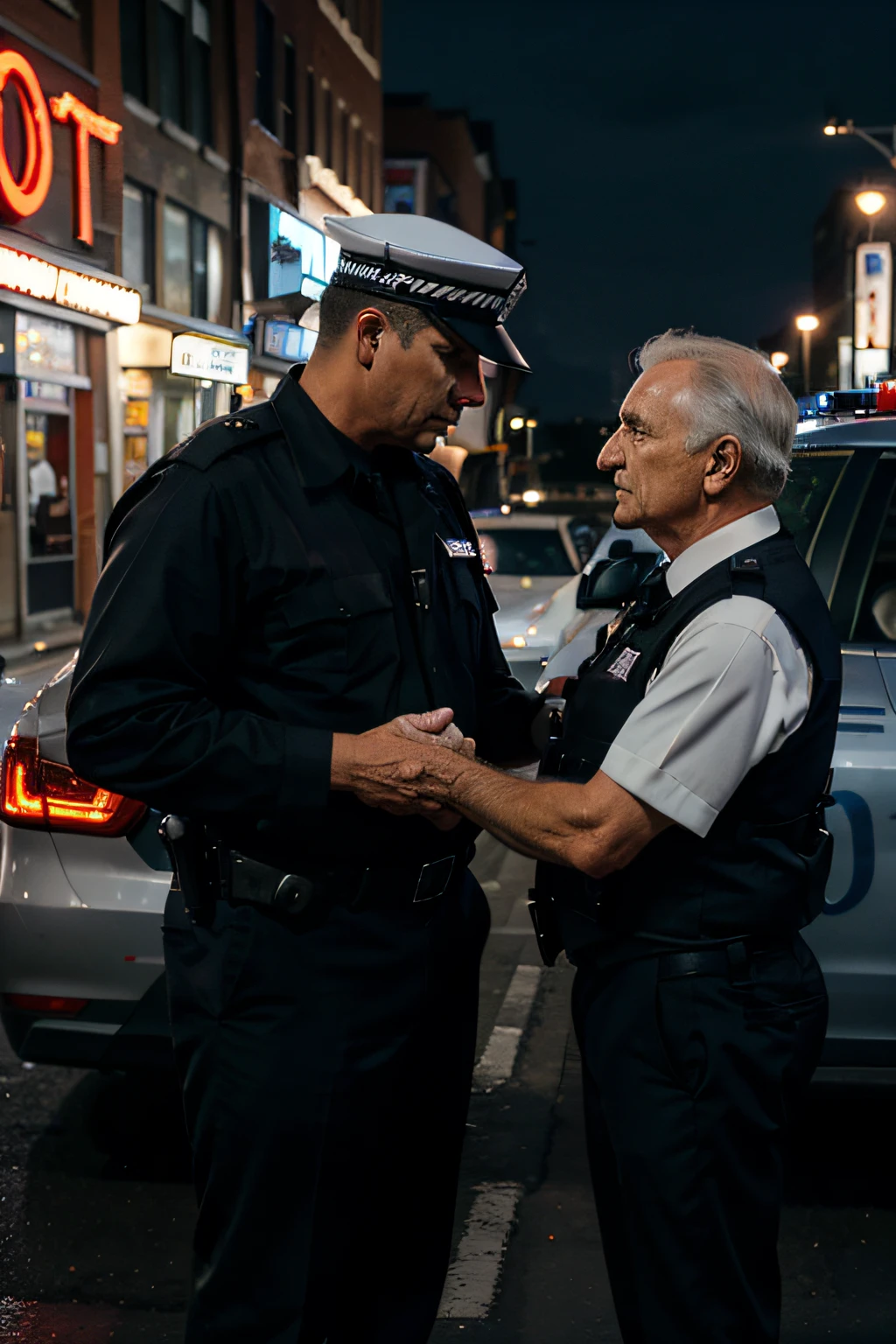 A policeman in a city in the United States standing next to his car attending to an elderly man who was suffering from illness.`Image in 8k without blur without bugs with a high degree of detail.