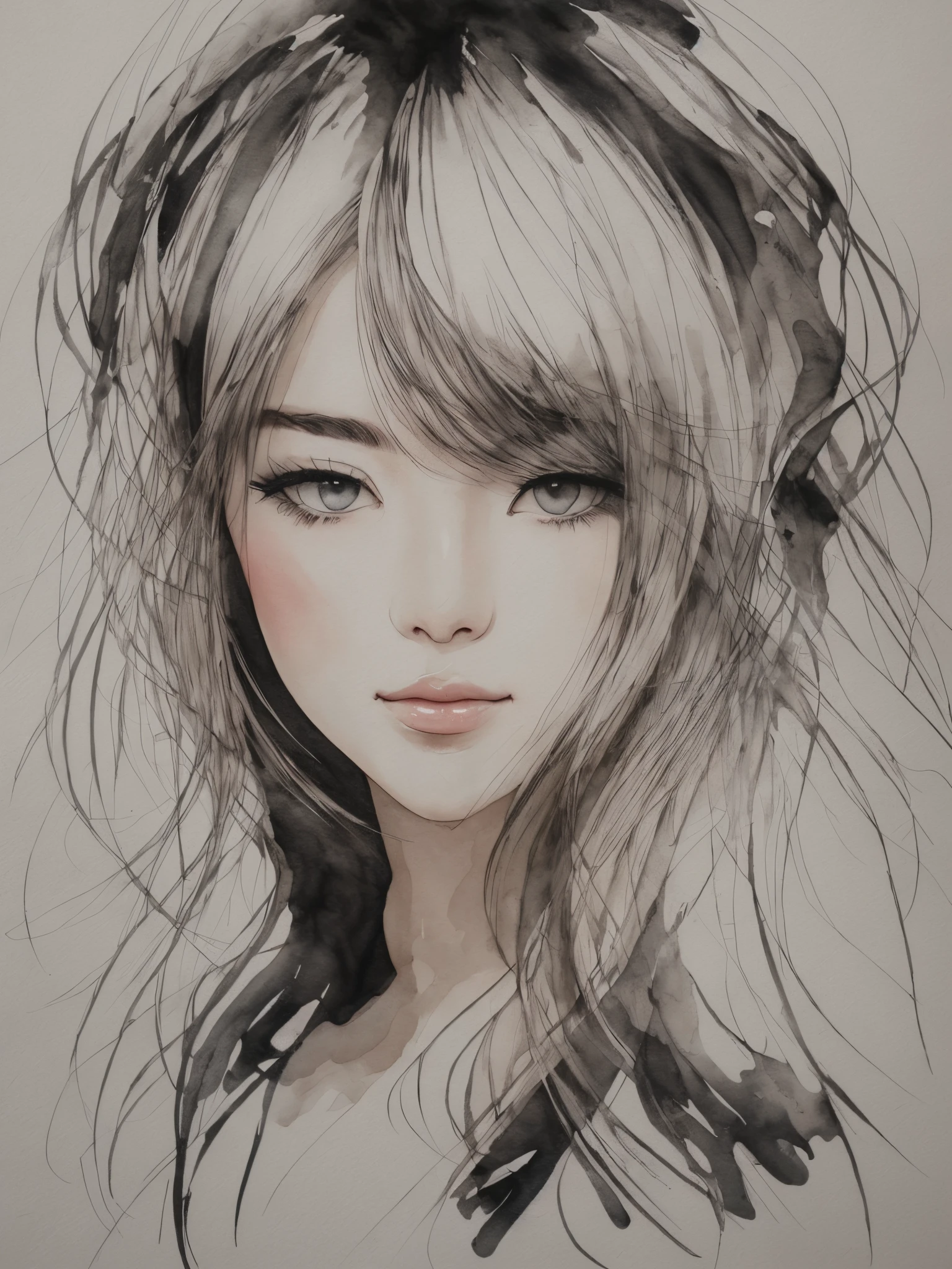 Young woman,China ink painting,pretty face --auto --s2