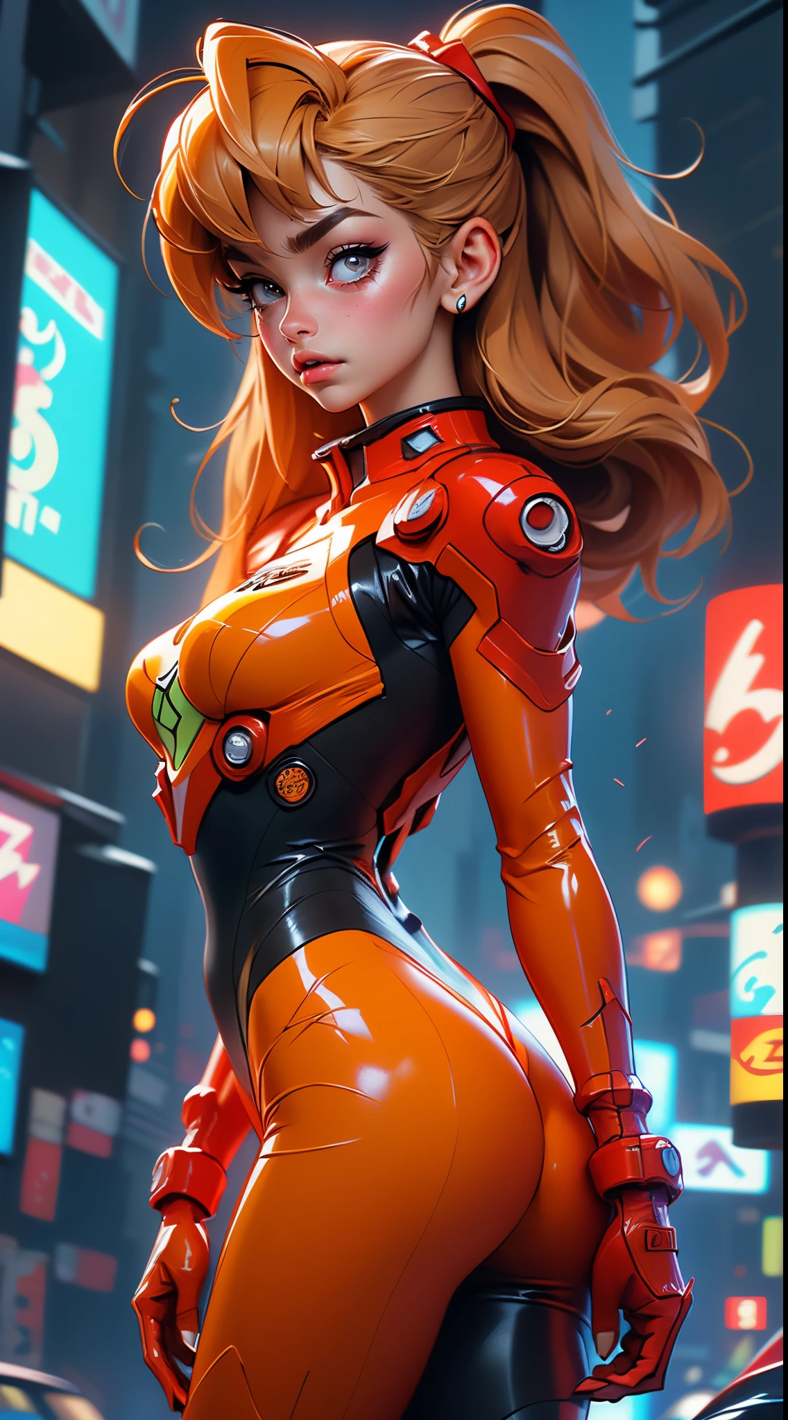rear view, backside view,((The best quality, better resolution, Award-winning portrait, Official Art)), ((perfect masterpiece)), ((realist)) and ultra detailed photography of a nerdy cyberpunk souryuu asuka langley girl with gothic and post apocalyptic colors.. She has ((long blonde hair)), Carry a (Harajuku inspired cyberpunk tech top) and a (Harajuku inspired cyberpunk tech clothing bottom:1.2) , ((the most beautiful and sexy aesthetic)), sexy, Super huge tits hugely giant, Cleavage showing, hot,(souryuu asuka langley latex bodysuit:1.4),Detailed eyes, detailed hands,