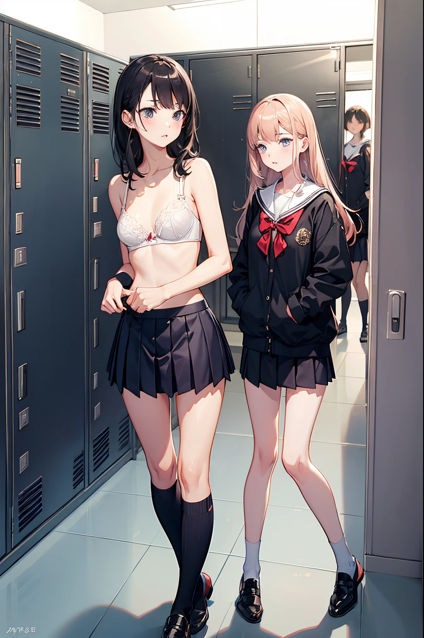 masutepiece,Best Quality,超A high resolution, 8K,Professional Lighting, Photon mapping, Teleportion, analogue, handdraw, Anime Face, NSFW, 3People Girls, Looking away、(seminude:1.5), School uniform:1.2,((Locker Room:1.2)), (flat chest:1.2)、panties on、bra very:1.4、Large audience、Look away