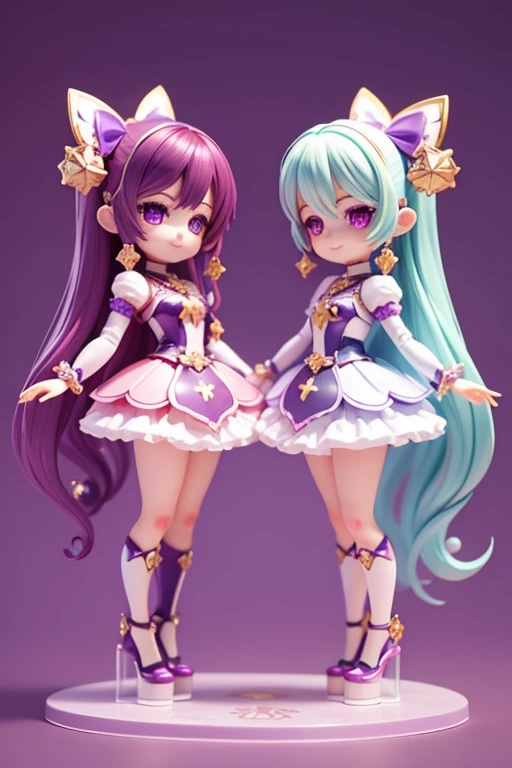(Same character, front, side, back), (full body); 3d; cute; 3d toy art; toy art; anime style; glitter; horoscope sign Gemini ; color purple; Twins details; ♊ symbol; alexandrite stone;