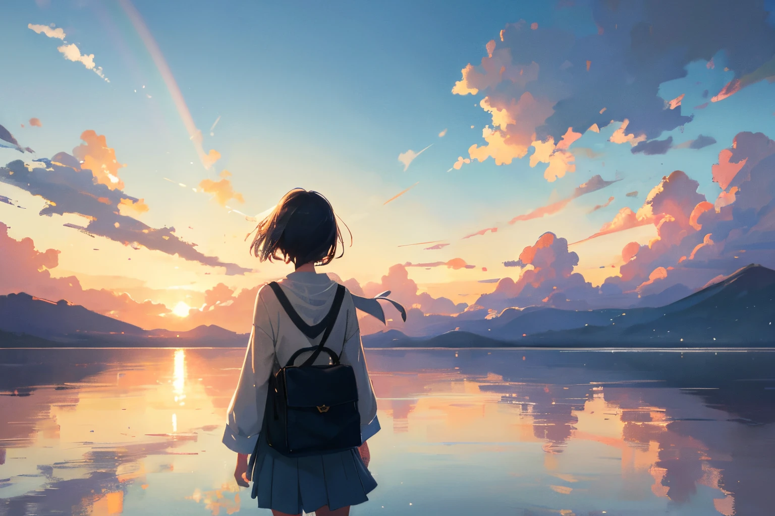 Create exquisite illustrations reminiscent of Makoto Shinkai's style, It has ultra-fine details and top-notch quality. Create high-quality illustrations depicting breathtaking views after the rain stops。, Leaving behind a fantastic rainbow that fills the sky. Imagine a young boy or girl gazing at this mesmerizing display。。. Creates a fantastic and complex atmosphere throughout the work., Pay close attention to detail. The goal is、tome&#39;After it rains、About capturing the magical moments when the sky turns into a canvas of color.。, evoking a sense of wonder and awe
