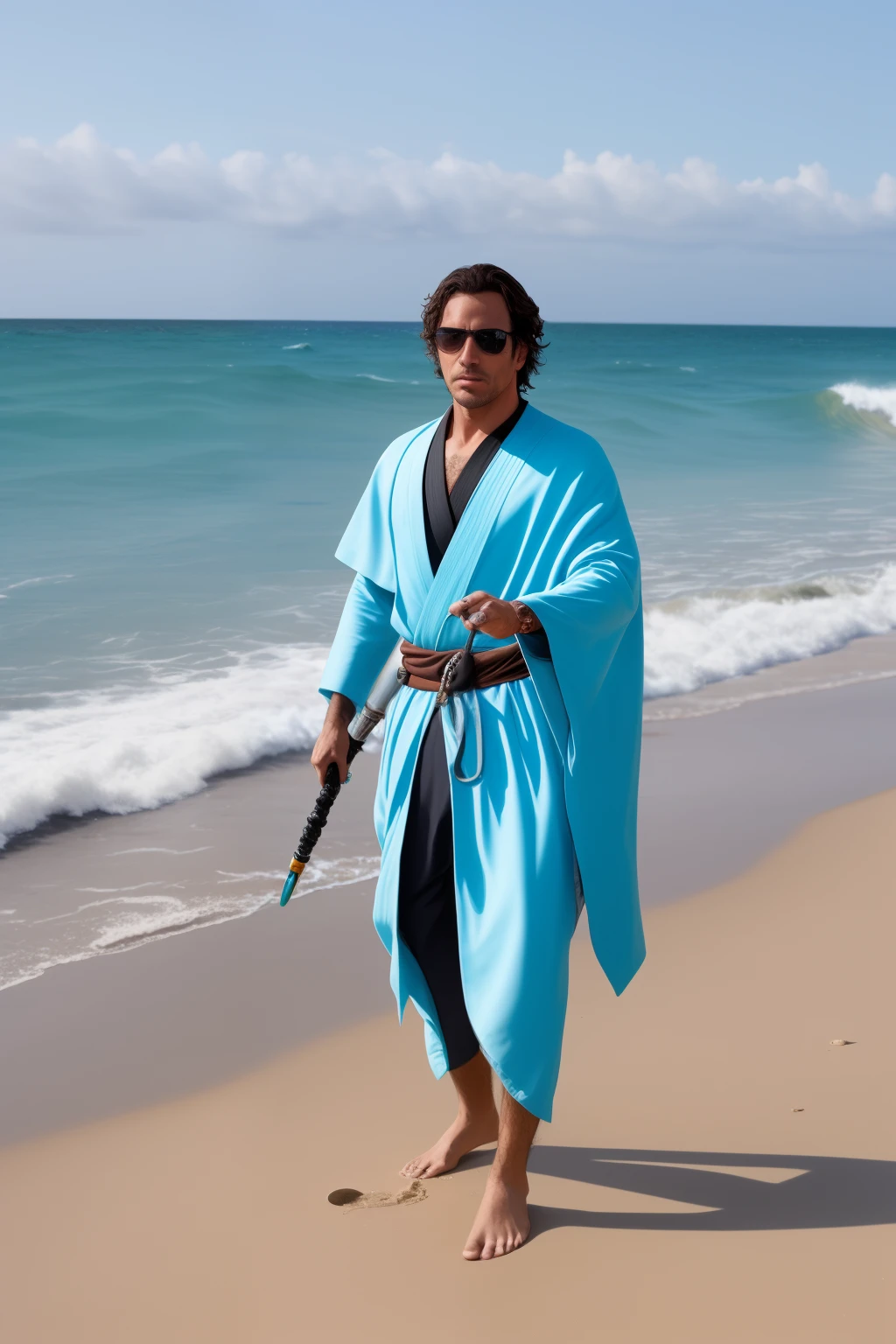 Um jedi andando na praia usando um sabre de luz azul