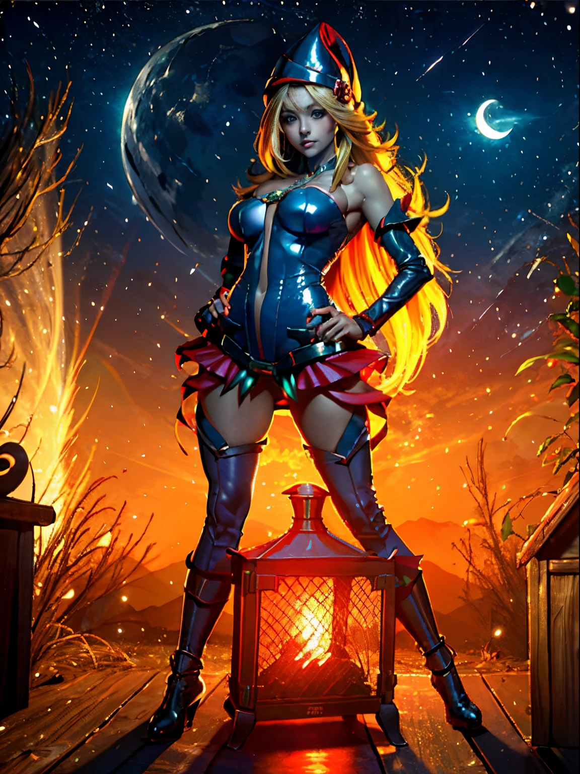 Dark magician gils. Rubia dorada sexy, ojos azules, Cara hermosa, Fit and athletic body, travieso, guarra, Manos perfectas, Manos detalladas, Ojos azules perfectos, ojos detallados, flirty, sexy, tetas grandes y alegres, cuerpo completo, realista, HDR, UHD, dynamic, sentado en el suelo frente a una chimenea, Posando, Santa Claus red dress, christmas tree, botas negras. Pose sejustiva y sensual
