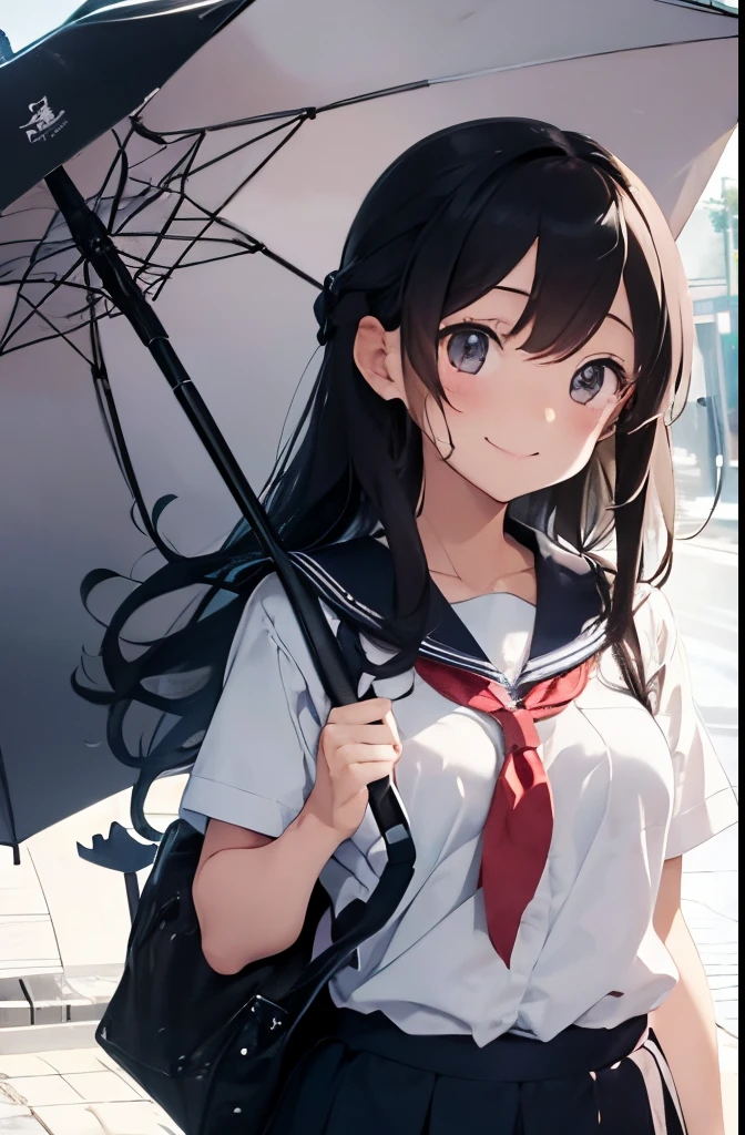 High School Girl、standing and handing the umbrella to the other person、Very smiling、cloudy ash sky、Uniform is sailor suit、Plain but cute、Long Black Hair、The illustrations are in the style of romance manga or anime.。