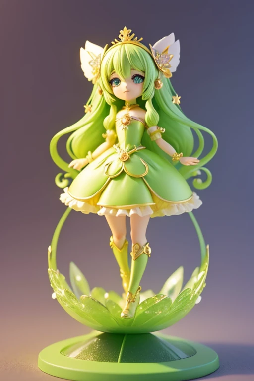 (Same character, front, side, back), (full body); 3d; cute; 3d toy art; toy art; anime style; glitter; horoscope sign Libra princess; color green; Balance details; ♎ symbol; peridot stone;