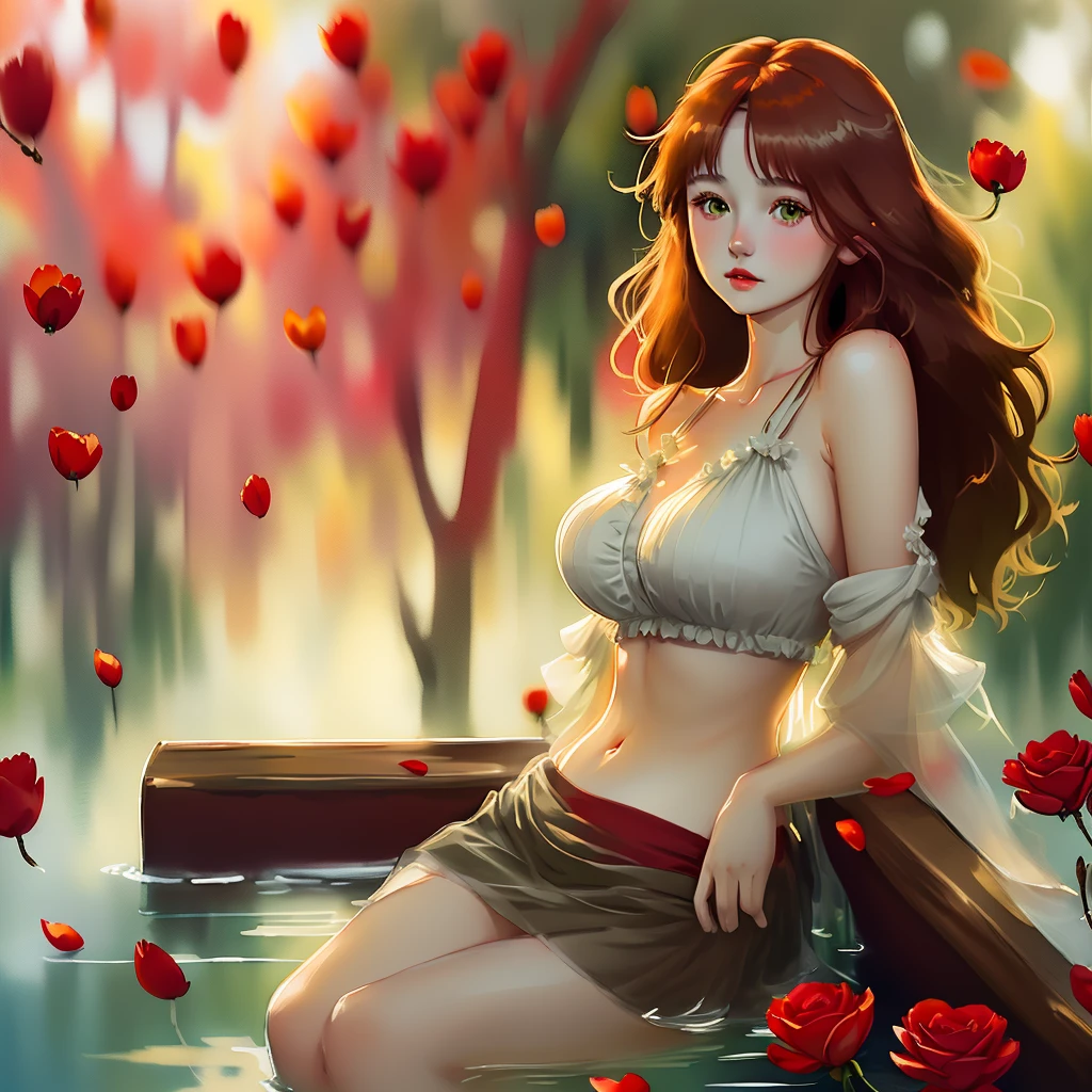 Portrait of a sexy topless 18 year old girl, dark red hair, big yellow-green eyes, plump bow lips, dripping nipples, frilla, Rose field, petals, godrays, realism, watercolor, 4K, High detail