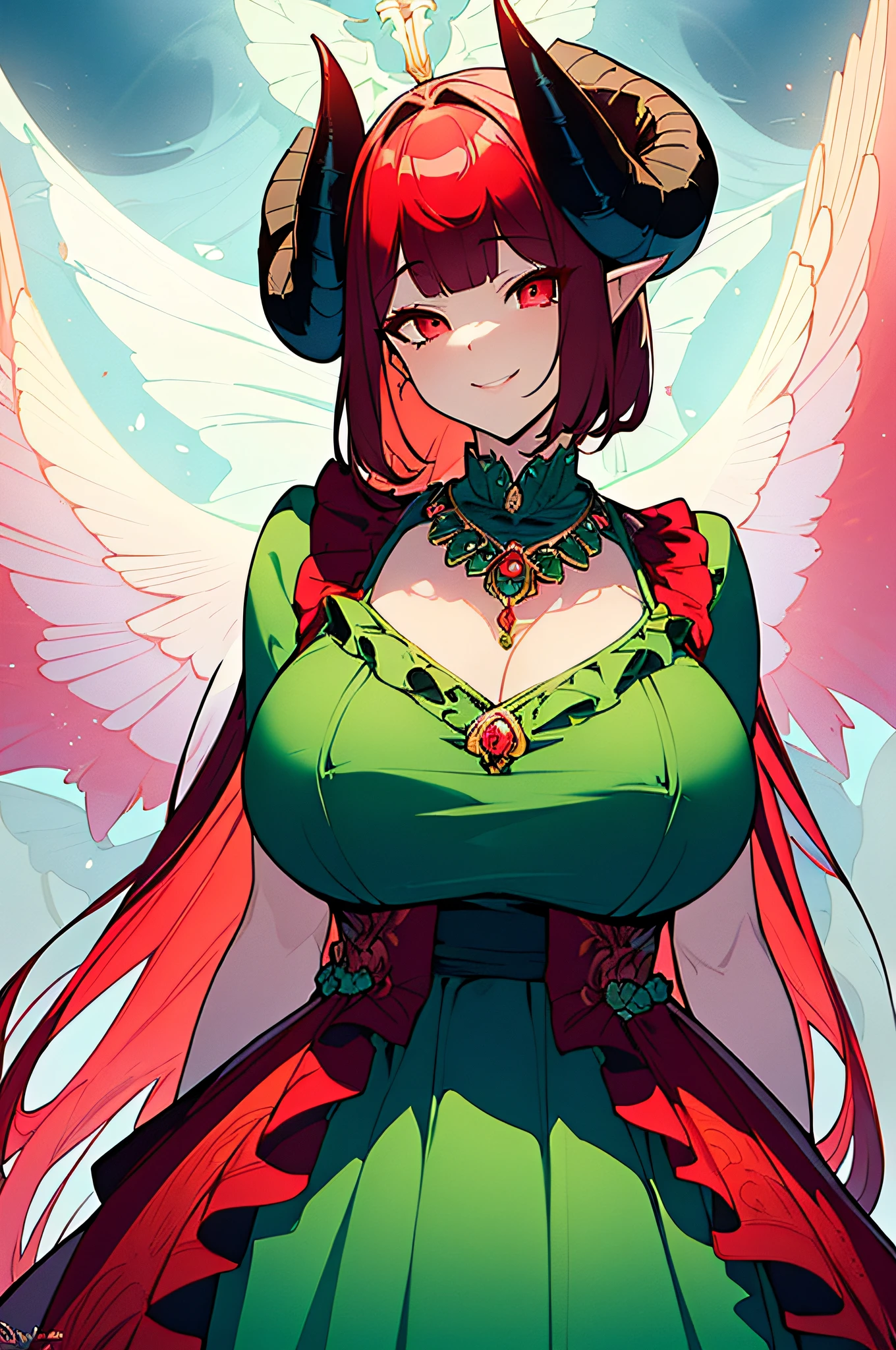 ((Masterpiece)), (Best Quality), ((Super Detail)), Illustration, ((Very Delicate and Beautiful)), ((solo)), Dynamic Angle, Looking back at viewer, anime moe artstyle, (enigmatic and cunning), ((Crimson red eyes)), ((Deep evergreen hair)), (bob cut hair), ((Twin pitch black demon horns)), (otherworldly), exceptionally beautiful, ((plump)), big breasts, (curvy), ((voluptuous)), (ethereal spirit), ((velvet green dress), (flowing ruffled dress), (Dress with blazing red trim), (gorgeous intricate Blue necklace jewelry), (predatory smile), (high quality), volumetric lighting, ((spiritual plane)), ((((ethereal background))))