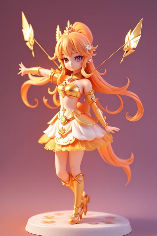 (Same character, front, side, back), (full body); 3d; cute; 3d toy art; toy art; anime style; glitter; horoscope sign Sagittarius ; color orange; Archer details; ♐ symbol; padparadscha stone;