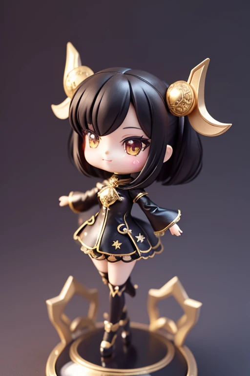(Same character, front, side, back), (full body); 3d; cute; 3d toy art; toy art; anime style; glitter; horoscope sign Capricornus; color black; Goat details; ♑ symbol; onyx stone;