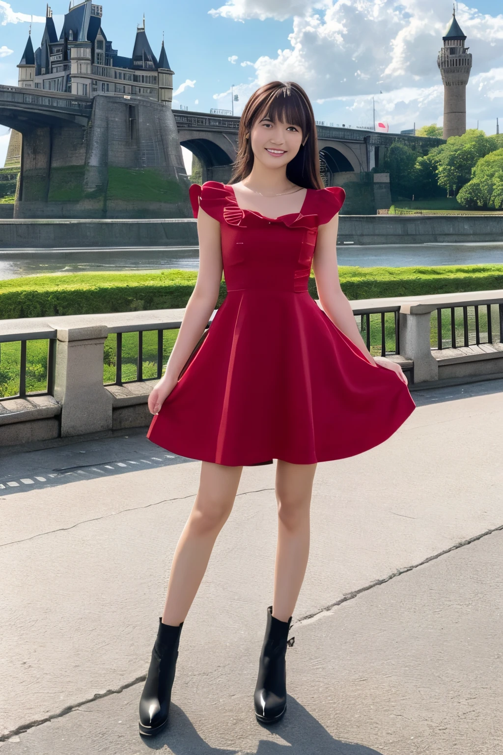 Ultra high-definition images,1girl in,Bangs,Black,skyporn,river bridge,building,castle,city,Cityscape,cloud,day,red satin dress,Smile and dress,look up to,fullbody image,bow ribbon,skyporn,Skyscraper,Solo,,Town,(masutepiece,,newest,Cute face and full body high definition image,:1.2),