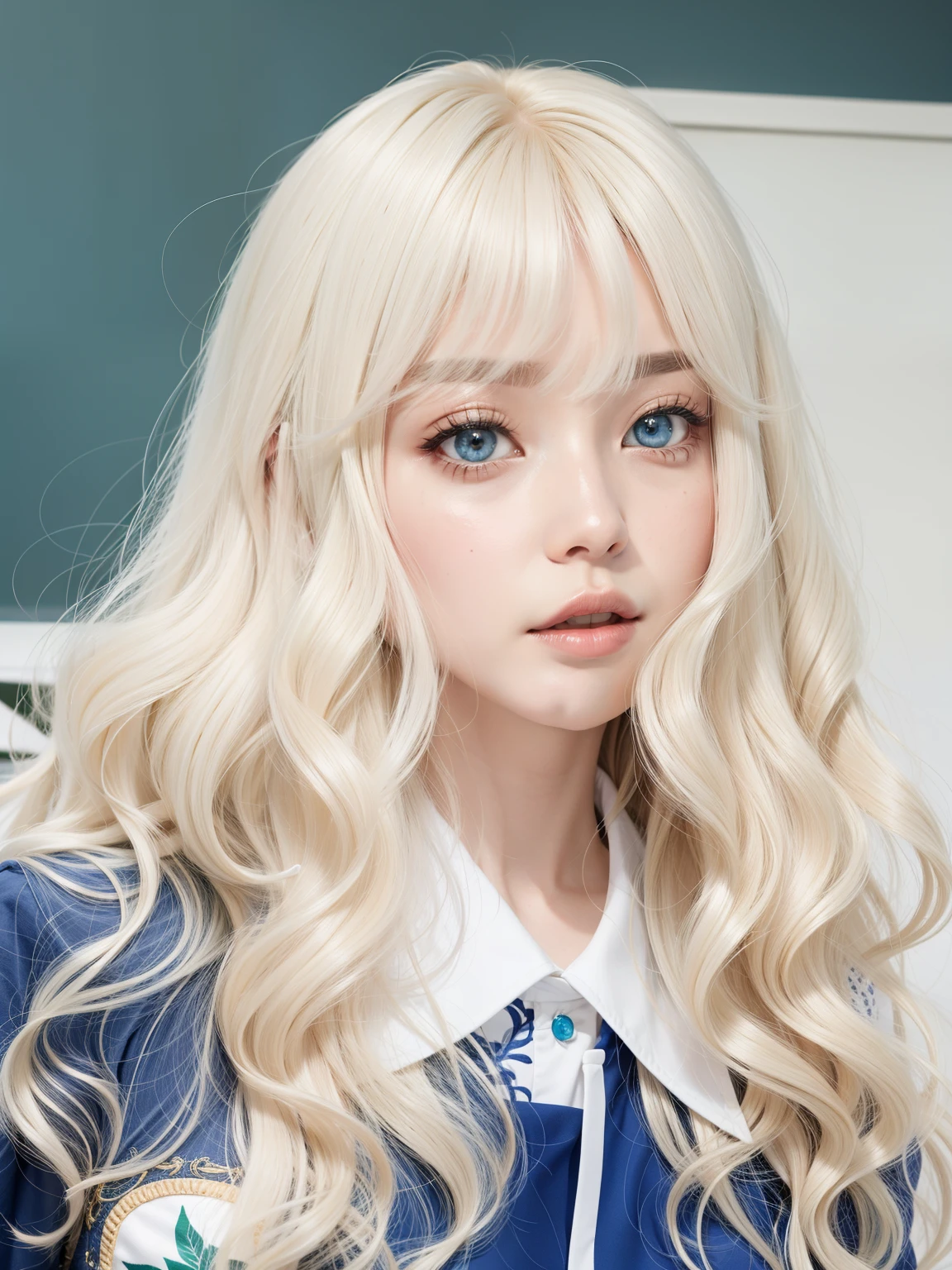 um close up de uma mulher com longos cabelos loiros e uma camisa azul, longos cabelos brancos e franja, branco hime corte penteado, extremely pale blond hair, franja branca, pale skin curly blond hair, com cabelos longos brancos, very very pale blond hair, longos cabelos loiros e olhos grandes, cabelo whitebangs cabelo, com longos cabelos brancos, Ulzzang