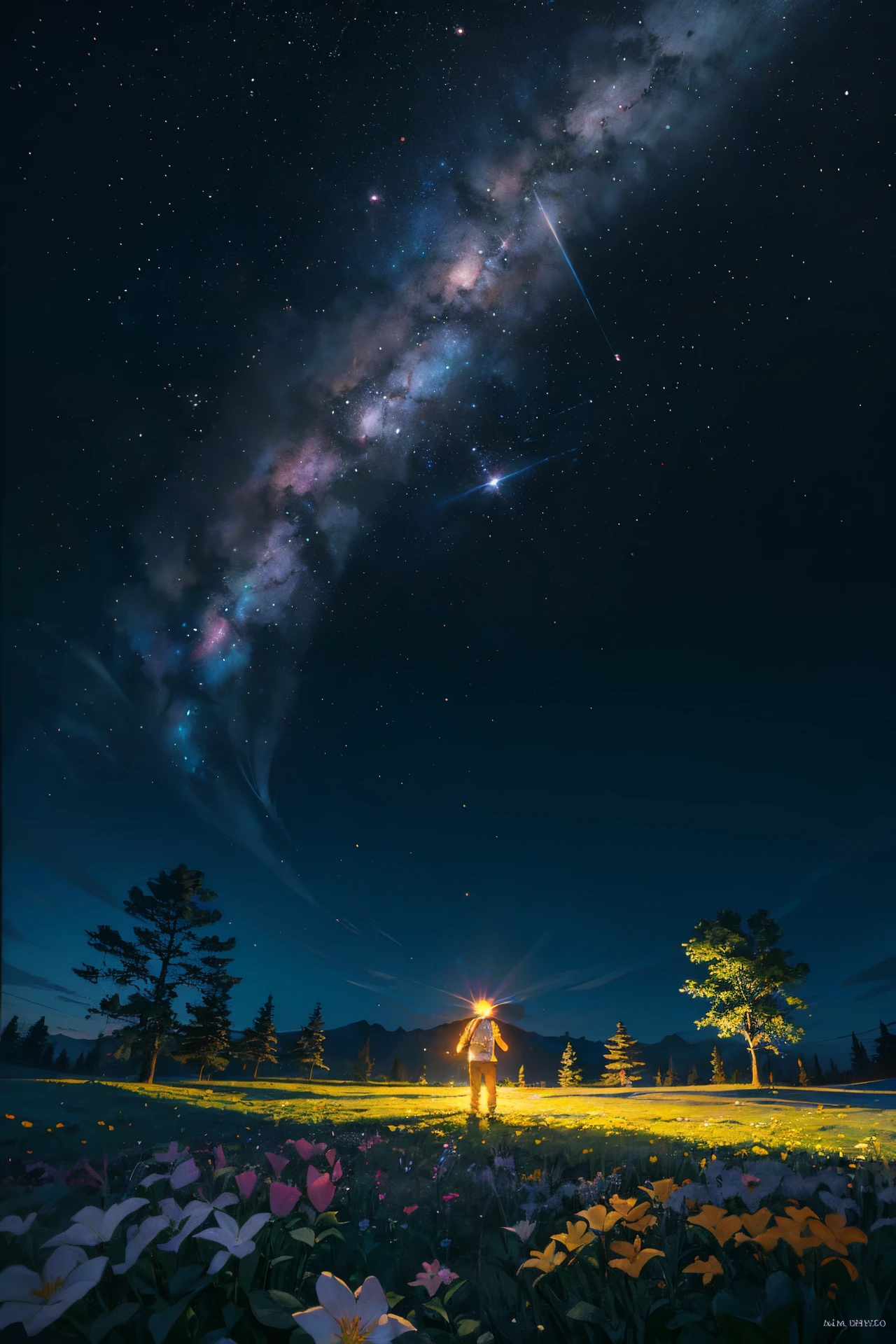 Vastas fotos de paisagem, (de baixo, the sky above, Abrir campos abaixo), a boy standing in a field of flowers looking up, (lua cheia: 1.2), (Meteoro: 0.9), (nebula: 1.3), montanhas distantes, Trees BREAK Making Art, (Fonte de Luz Quente: 1.2), (Pirilampo: 1.2), lamps, Muito roxo e laranja, detalhes intrincados, volumetric lighting BREAK (master part: 1.2), (melhor qualidade), 4k, ultra detalhado, (dynamic compositing: 1.4), circunstanciado, colorido, (iridescente: 1.2), (brilhar, Atmospheric Illumination), sonhador, Fantastic, (sozinho: 1.2) no formato pixar