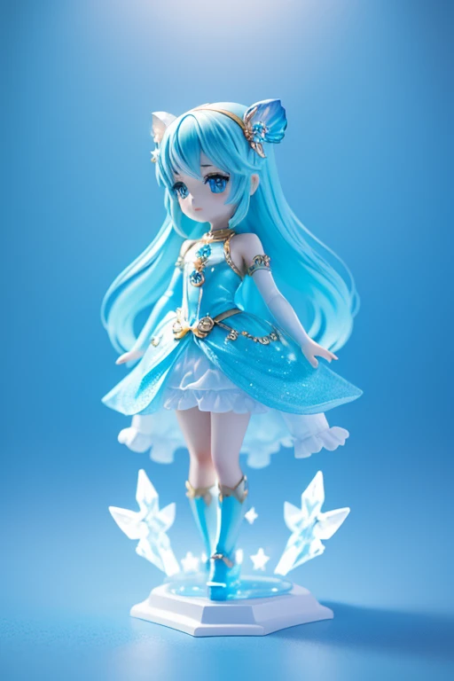 (Same character, front, side, back), (full body); 3d; cute; 3d toy art; toy art; anime style; glitter; horoscope sign Aquarius color ligh blue; Water Bearer details; ♒ symbol; aquamarine stone;