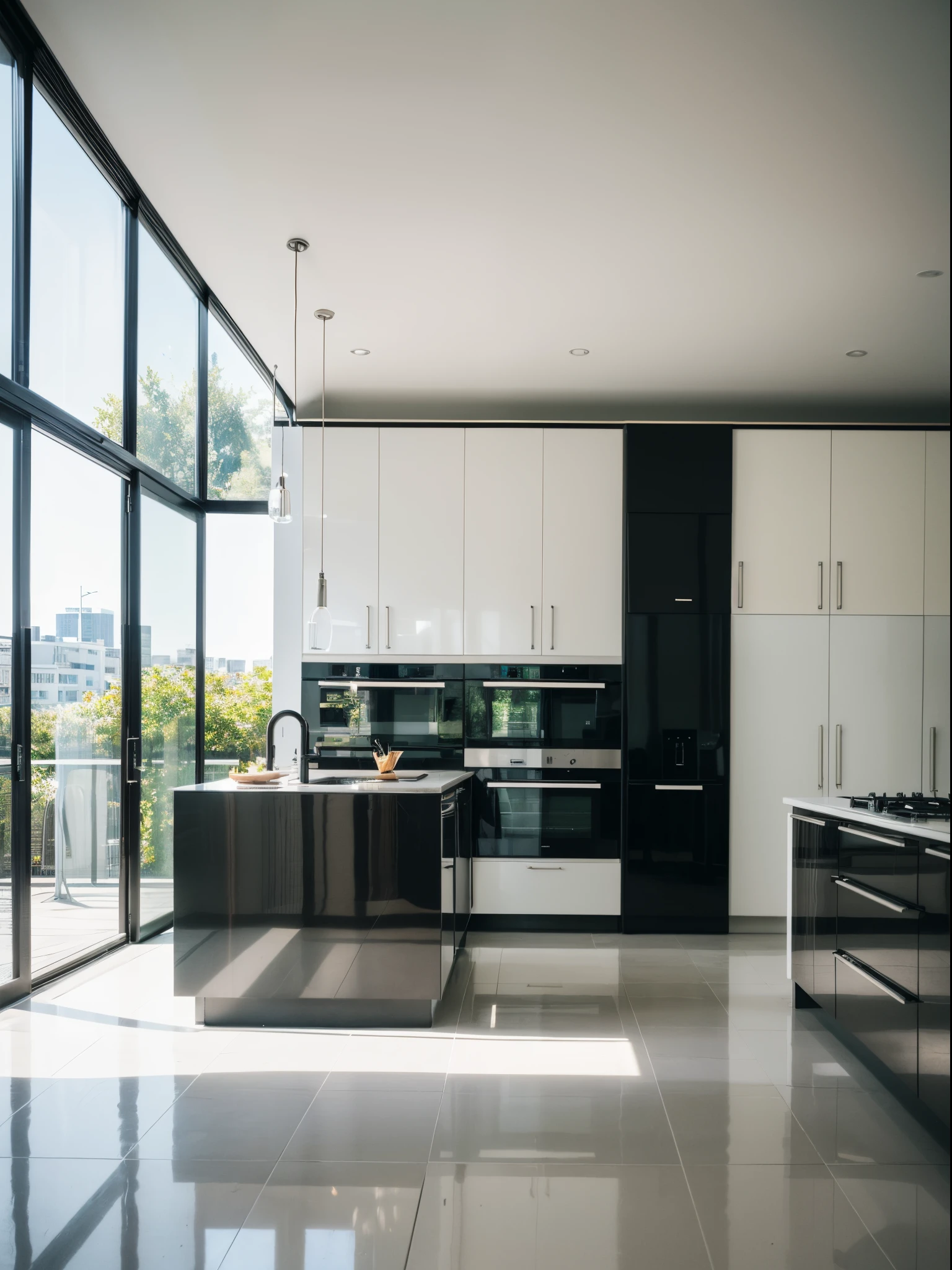 , Masterpiece, Best Quality, 8K, Ultra Highres, step into this minimalist style kitchen and you will be attracted by the clean and clean design. It has ubiquitous cleanliness and neatness, and every detail exudes the convenience and comfort of modern living. Transparent glass windows allow sunlight to flood in warmly and illuminate the space. Gray and white predominantly hues complement each other with an extra-long black countertop, giving it a stylish and refreshing feel. High-quality stainless steel appliances are perfectly integrated into the overall design, making the kitchen both practical and beautiful. Standing here, enjoy the pleasure of cooking and feel the convenience of modern life.