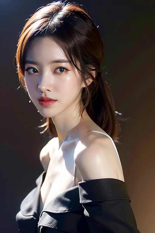 Best Quality, masutepiece, 超A high resolution, (Photorealistic:1.4), Raw photo,1girl in, Solo, Realistic, Looking at Viewer, close-up,Simple background, Black Dress, off shoulders