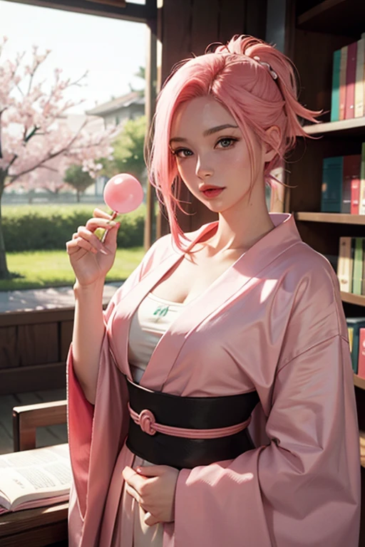 young woman, peach skin, short bubblegum pink hair, wide forehead, emerald green eyes, big red lips, fiery red kimono, Sakura Haruno, 3d, library