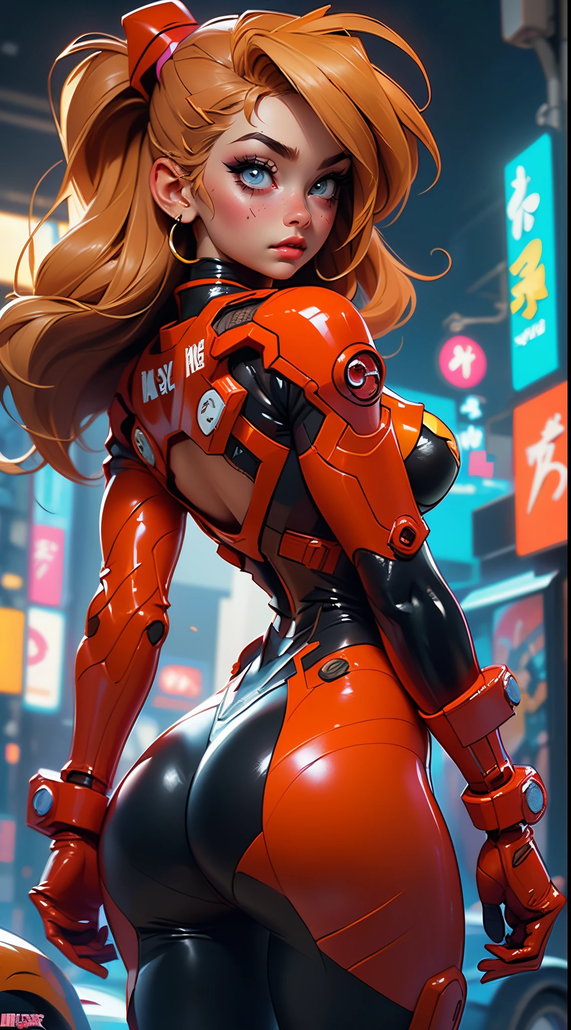 (rear view, backside view),((La mejor calidad, better resolution, Retrato premiado, Arte Oficial)), ((Obra maestra perfecta)), ((realista)) and ultra detailed photography of a nerdy cyberpunk souryuu asuka langley girl with gothic and post apocalyptic colors.. Ella tiene ((cabello largo y rubio)), lleva un (Harajuku inspired cyberpunk tech top) y un (Harajuku inspired cyberpunk tech clothing bottom:1.2) , ((la estetica mas bella y sexy)), sexy, Super huge tits hugely giant, Escote mostrando, caliente,(souryuu asuka langley latex bodysuit:1.4),Ojos detailed, manos detailed,