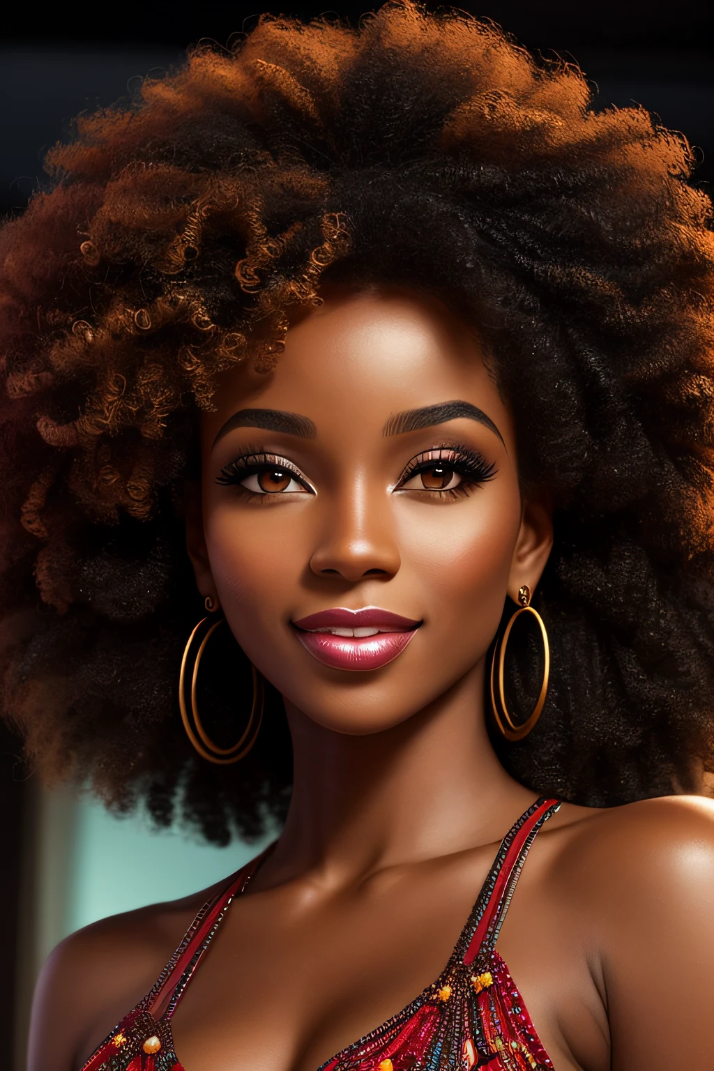 best quality, realistic, best definition, ultra definition, ultra realistic,beautiful, black woman, 20 years old, black skin, black curly hair, voluminous hair, shoulder length hair, curls, springs, beautiful face, round eyes, long eyelashes, well drawn mouth, not too big nose, straight nose, rounded face, prominent cheekbones, realistic skin, perfect skin, artwork, 8k, ultra definition, perfect definition.