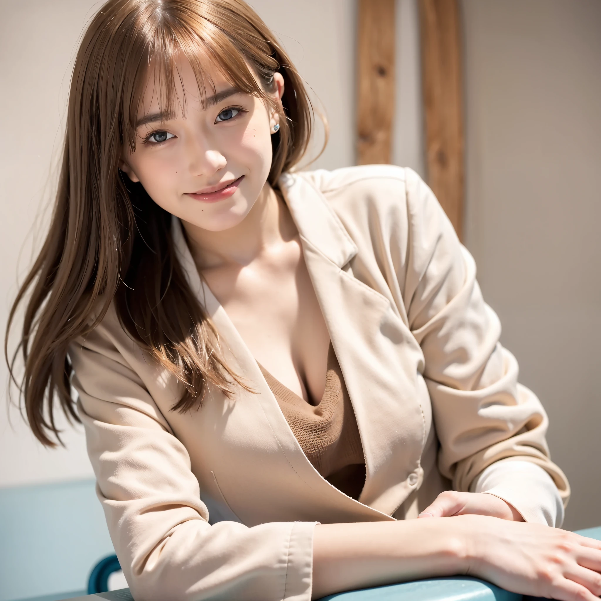 mix4,(best quality), (photorealistic),(simple white background:1.2), 1girl, upper body, high detail face, smile,[ash blonde | ginger | brown gray hair], Fujifilm XT3, High-waisted pants in a neutral tone like beige or camel or silver or blue, paired with a silk blouse and structured blazer, create a polished and powerful look,(8K), bangs, short hair