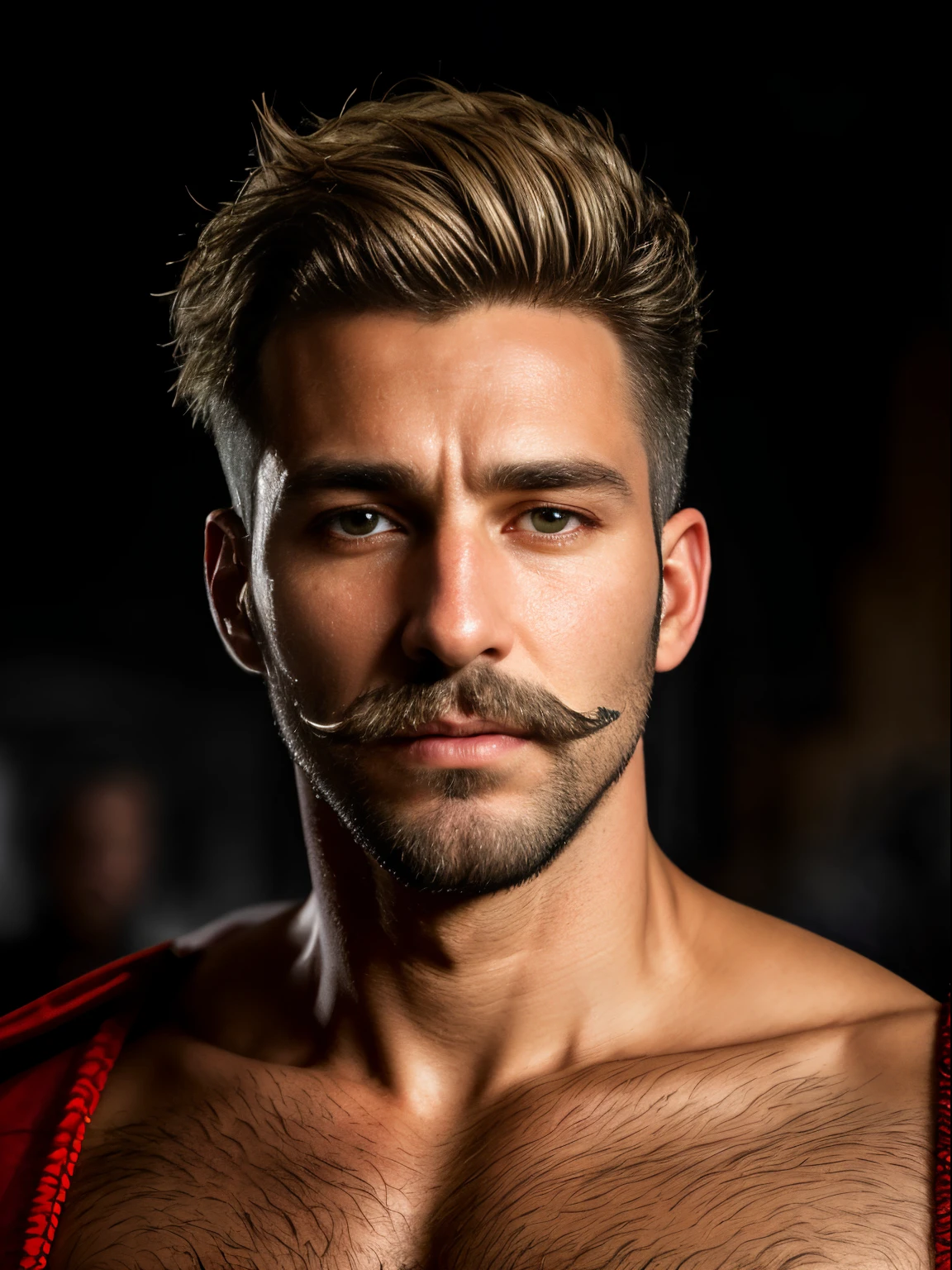 masterpiece, best quality, high resolution, closeup portrait, male focus, solo focus, A man, 35 years old, with military clothes, soldier, blonde bleached hair, messy hairstyle, cute and seductive face, bare chest, body hair, facial hair, roman nose, very skinny body, hairy legs, dimples, goatee and mustache, bold jawline , in the background a millitary camp and other soldiers, view from below, amazing composition, front view, HDR, ultra quality, elegant, highly detailed
