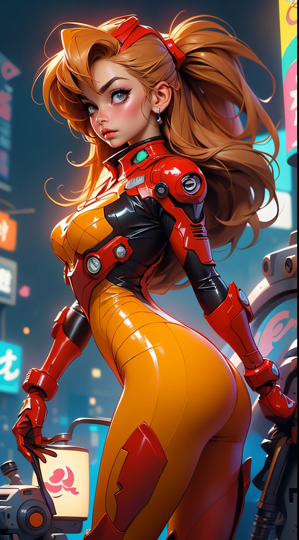 (rear view, backside view),((La mejor calidad, better resolution, Retrato premiado, Arte Oficial)), ((Obra maestra perfecta)), ((realista)) and ultra detailed photography of a nerdy cyberpunk souryuu asuka langley girl with gothic and post apocalyptic colors.. Ella tiene ((cabello largo y rubio)), lleva un (Harajuku inspired cyberpunk tech top) y un (Harajuku inspired cyberpunk tech clothing bottom:1.2) , ((la estetica mas bella y sexy)), sexy, Super huge tits hugely giant, Escote mostrando, caliente,(souryuu asuka langley latex bodysuit:1.4),Ojos detailed, manos detailed,