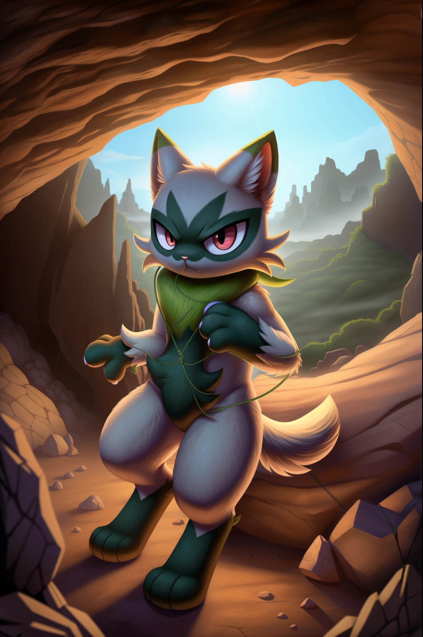 floragato, furry pokemon, cat, string, feet, solo, (body fur:1.2), (best quality), (detailed fluffy fur:1.1), animal hands, tail,  female, background of cave, hidden, hidden behind a rock, humidity, rocks, angry, narrowed eyes, day