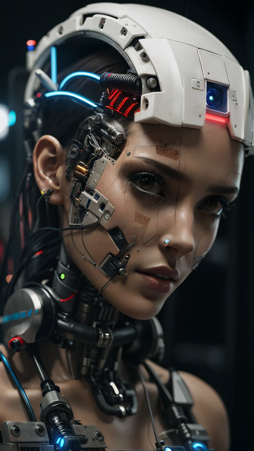 A closeup of a woman with a robot head and a robot face, filme ainda de um ciborgue, filme ainda de um ciborgue legal, movie still of a villain cyborg, ciborgue - menina, menina ciborgue, um ciborgue cyberpunk adolescente, movie still of a alien cyborg, estilo cyberpunk , hiper-realista, Retrato detalhado de um ciborgue, machine parts embedded into face