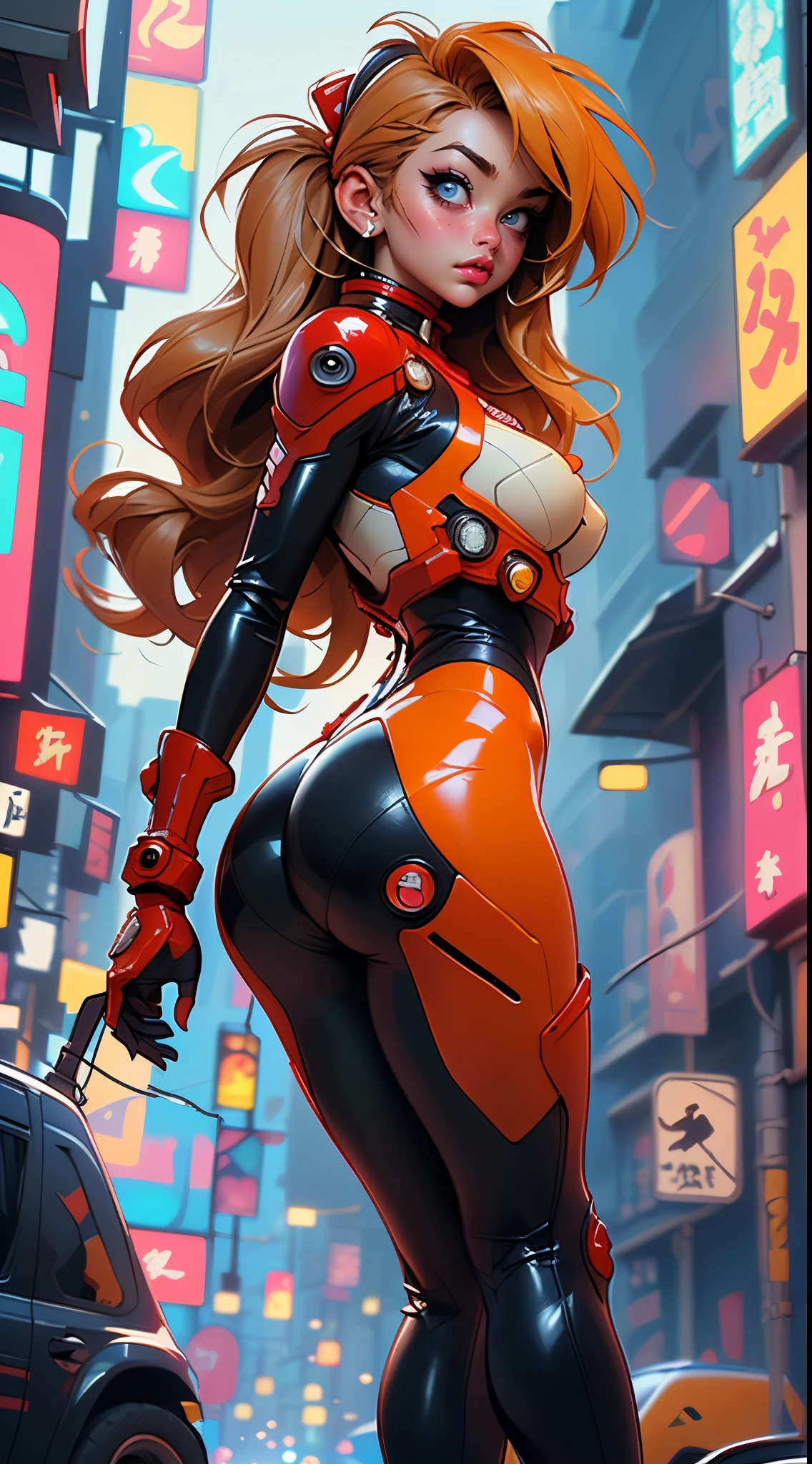 (rear view, backside view),((La mejor calidad, better resolution, Retrato premiado, Arte Oficial)), ((Obra maestra perfecta)), ((realista)) and ultra detailed photography of a nerdy cyberpunk souryuu asuka langley girl with gothic and post apocalyptic colors.. Ella tiene ((cabello largo y rubio)), lleva un (Harajuku inspired cyberpunk tech top) y un (Harajuku inspired cyberpunk tech clothing bottom:1.2) , ((la estetica mas bella y sexy)), sexy, Super huge tits hugely giant, Escote mostrando, caliente,(souryuu asuka langley latex bodysuit:1.4),Ojos detailed, manos detailed,