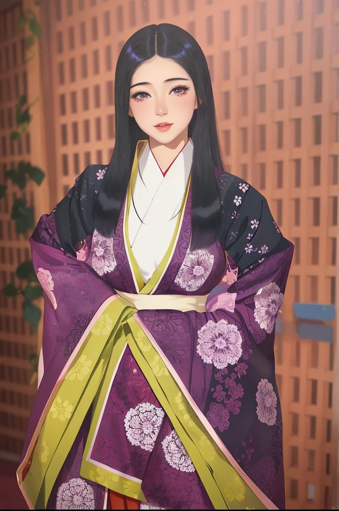 a painting of Murasaki no ue genji story character, heian era lady, Japan, ancient Japan, ancient Japan, noble lady, dressed in red layered kimono, junihitoe, piercing gaze, masterpiece, best quality, half body, portrait, 1 girl, anime, Japan, semi-realistic, young woman, smiling, pretty face, beautiful, colorful, genji monogatari, black hair, extremely long hair, abundant hair, straight hair, blue eyes, almond eyes, symmetrical and bright eyes, small nose, plump lips, full lips, pink lips, symmetrical face, oval face, light skin, smooth skin, perfect body, beautiful body, slim waist, large breasts, illustration, extremely detailed, smooth, high resolution, ultra quality, detailed eyes, detailed mouth, detailed mouth, detailed face, perfect eyes, both eyes are the same, true light, glowing, iridescent, global illumination, real hair movement, real light, real shadow, real face, shining eyes, soft light, dream light, (((obra maestra), (fondo de pantalla CG 8k extremadamente detallado), la mejor calidad, solo, 1girl, cinematography lighting, fondo detallado, hermosos ojos detallados, pupilas brillantes, (un extremadamente delicado y hermoso), (Description of Eyes beautiful and detailed), ultra detallado, obra maestra,))