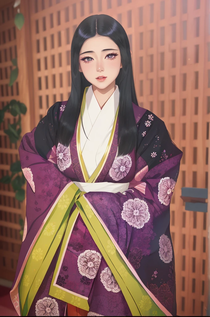 a painting of Murasaki no ue genji story character, heian era lady, Japan, ancient Japan, ancient Japan, noble lady, dressed in red layered kimono, junihitoe, piercing gaze, masterpiece, best quality, half body, portrait, 1 girl, anime, Japan, semi-realistic, young woman, smiling, pretty face, beautiful, colorful, genji monogatari, black hair, extremely long hair, abundant hair, straight hair, blue eyes, almond eyes, symmetrical and bright eyes, small nose, plump lips, full lips, pink lips, symmetrical face, oval face, light skin, smooth skin, perfect body, beautiful body, slim waist, large , illustration, extremely detailed, smooth, high resolution, ultra quality, detailed eyes, detailed mouth, detailed mouth, detailed face, perfect eyes, both eyes are the same, true light, glowing, iridescent, global illumination, real hair movement, real light, real shadow, real face, shining eyes, soft light, dream light, (((obra maestra), (fondo de pantalla CG 8k extremadamente detallado), la mejor calidad, solo, 1girl, cinematography lighting, fondo detallado, hermosos ojos detallados, pupilas brillantes, (un extremadamente delicado y hermoso), (Description of Eyes beautiful and detailed), ultra detallado, obra maestra,))