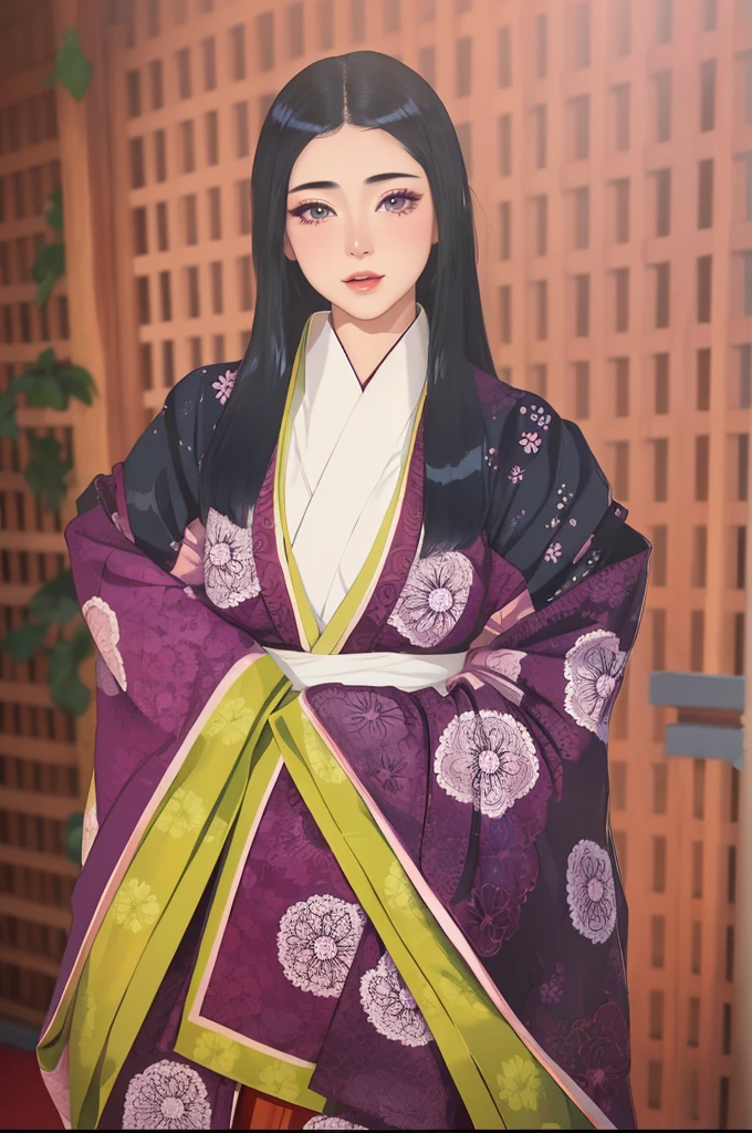 a painting of Murasaki no ue genji story character, heian era lady, Japan, ancient Japan, ancient Japan, noble lady, dressed in red layered kimono, junihitoe, piercing gaze, masterpiece, best quality, half body, portrait, 1 girl, anime, Japan, semi-realistic, young woman, smiling, pretty face, beautiful, colorful, genji monogatari, black hair, extremely long hair, abundant hair, straight hair, blue eyes, almond eyes, symmetrical and bright eyes, small nose, plump lips, full lips, pink lips, symmetrical face, oval face, light skin, smooth skin, perfect body, beautiful body, slim waist, large breasts, illustration, extremely detailed, smooth, high resolution, ultra quality, detailed eyes, detailed mouth, detailed mouth, detailed face, perfect eyes, both eyes are the same, true light, glowing, iridescent, global illumination, real hair movement, real light, real shadow, real face, shining eyes, soft light, dream light, (((obra maestra), (fondo de pantalla CG 8k extremadamente detallado), la mejor calidad, solo, 1girl, cinematography lighting, fondo detallado, hermosos ojos detallados, pupilas brillantes, (un extremadamente delicado y hermoso), (Description of Eyes beautiful and detailed), ultra detallado, obra maestra,))