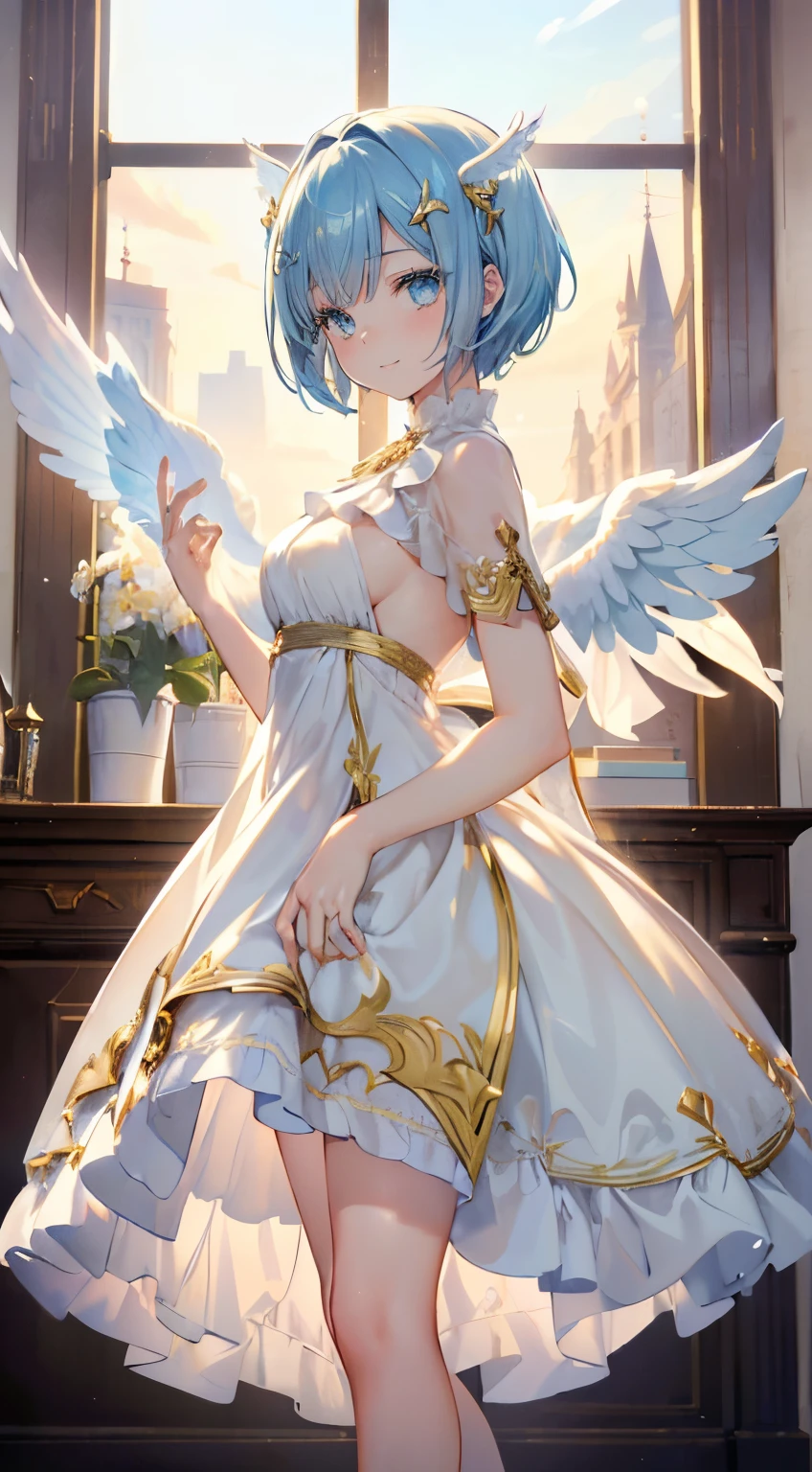 extra detailed face, Perfect Lighting, extremely details CG, 4K、8K、be shy、mournful smile、(Perfect hands, Perfect Anatomy)、Ultra-realistic photo of a girl in a majestic white and golden ball gown dress, Big beautiful dress, Complex puffy ball gown with lots of frills and rhinestones (Best Quality, masutepiece, ((Angel wings:1.2))。 art  stations, Fantasy Art:1.2), Palace rooms, Beautiful cute girl, Rem of Rezero、(Blue shorthair:1.3), Bangs hide one eye、(Complex short gold skirt, Bare legs:1.2, Full body shot)、very Bigger breasts、cleavage of the breast、Nipples show through、White panties、(Clearly visible detailed female pubic shape: 1.4)、skirt rift、Thin leg、Skinny Legs、very very short skirt、low angles、pantyshot