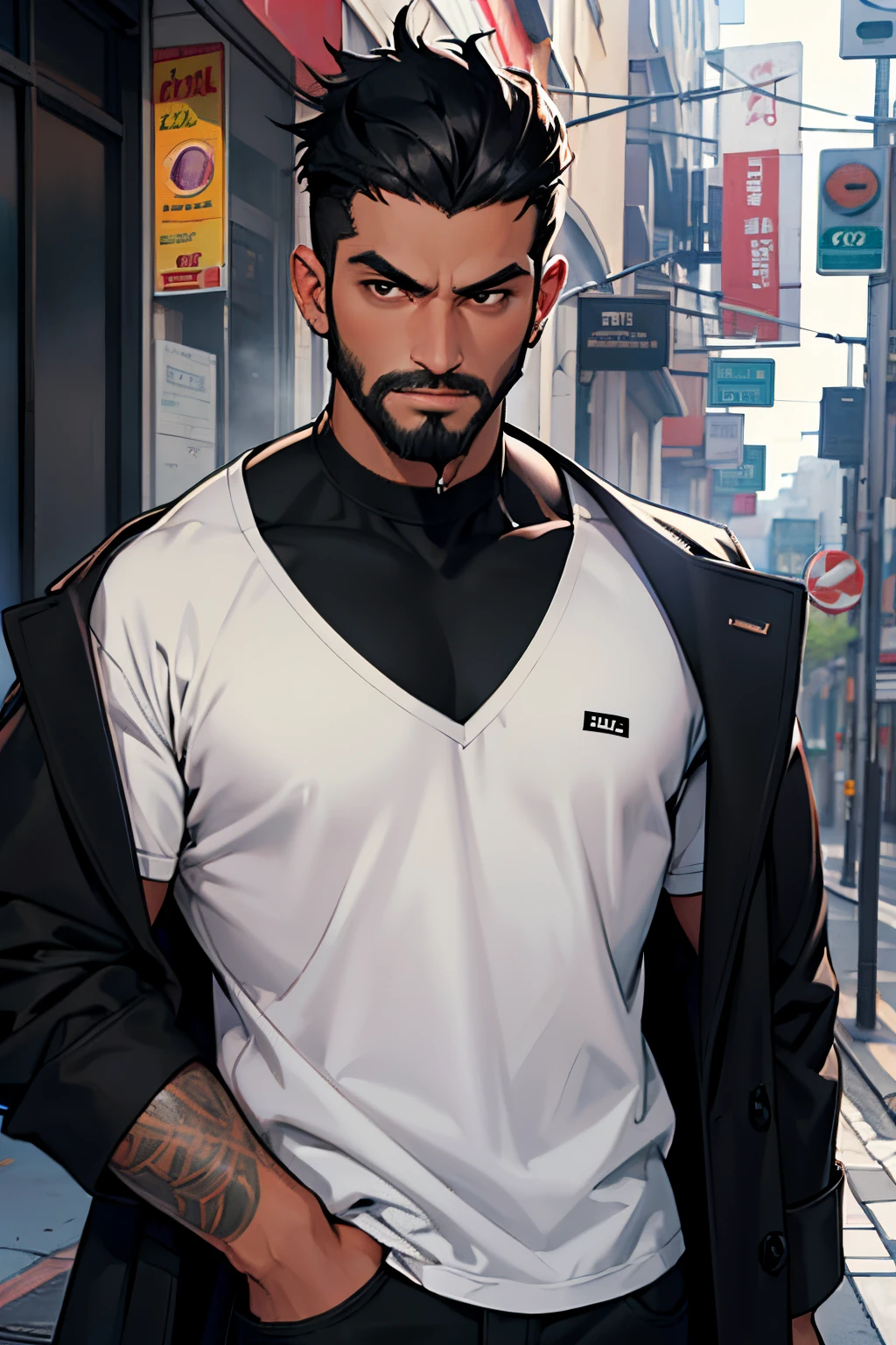 20-year-old man, tanned skin, black hair, black beard, black eyes, gray shirt, black coat, black cause, bad face, on the street