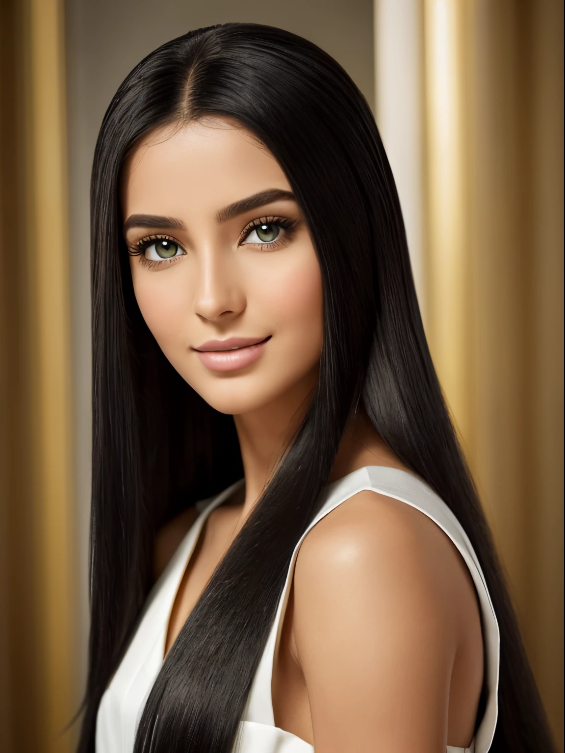 Chloe BlueStar, a personagem de beleza singular, ((((24 Year Old Appearance)))), It's a perfect balance of distinct traits that intertwine in a visual symphony. Seu rosto, digno de um filme de alta qualidade, reflete sua personalidade cativante e poderosa. Seu nariz delicadamente arrebitado se harmoniza com seus ((macio, well-drawn lips)), que parecem sugerir um ((sorrir suave e gentil)) mesmo quando em repouso. Chloe's cheekbones, Suavemente esculpido, adicionam um ((toque jovial e vital)), enquanto seu ((queixo bem definido)) adds a subtle elegance to your profile. ((((Seus olhos amarelos dourados)))), No entanto, are the definitive highlight, que Transmite uma profundidade emocional intrigante. They instantly capture attention, revealing an insightful and insightful mind that promises stories and mysteries. A testa levemente curvada sugere clareza de pensamento, enquanto suas (((sobrancelhas naturalmente arqueadas))) Add character to your expression. Chloe radiates a natural majesty that is enhanced by her (((((cabelos negros lisos, that flow gracefully up to waist height))))). Eles brilham sob a luz, providing an aura of sophistication and elegance. Its beauty is further highlighted by its (((sorrir, flawless and captivating))), que revela ((((dentes alinhados e brancos)))). Vestida em um deslumbrante vestido de gala, Chloe exala uma aura de poder e autoridade misturada com beleza natural. ((((His hair and eyes are the protagonists)))), with her long black hair down to her feet and luxurious complementing her mesmerizing colorful eyes. Sua postura confiante, aliada ao ((sorrir charmoso)), reflects his captivating and charismatic personality. Chloe's presence is magnetic, evoking admiration and respect at first sight. with Cinematic quality, this depiction of Chloe BlueStar at the height of her elegance, Power and charm is an image that is engraved in the memory, highlighting her as an inspiring and iconic figure.