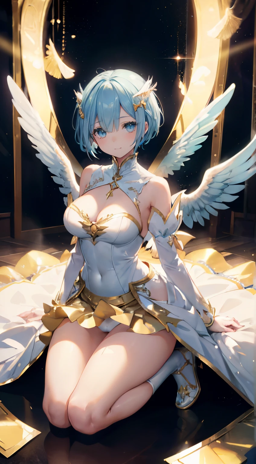 extra detailed face, Perfect Lighting, extremely details CG, 4K、8K、be shy、mournful smile、(Perfect hands, Perfect Anatomy)、Ultra-realistic photo of a girl in a majestic white and golden ball gown dress, Big beautiful dress, Complex puffy ball gown with lots of frills and rhinestones (Best Quality, masutepiece, ((Angel wings:1.2))。 art  stations, Fantasy Art:1.2), Palace rooms, Beautiful cute girl, Rem of Rezero、(Blue shorthair:1.3), Bangs hide one eye、(Complex short gold skirt, Bare legs:1.2, Full body shot)、very Bigger breasts、White panties、(Clearly visible detailed female pubic shape: 1.4)、skirt rift、