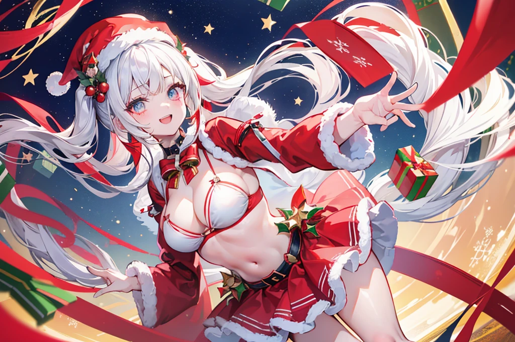 Best Quality, Extremely detailed, Anime, extremely cute and beautiful face, (extremely detailed eyes:1.4), 1girl in, Solo, Laughing, Standing, Dynamic Angle, (Andriod:1.4), (santa costume|Bikini), santa hat, Red Eyes, (Twintail:1.2), White hair, Christmas tree, Christmas, at sea,