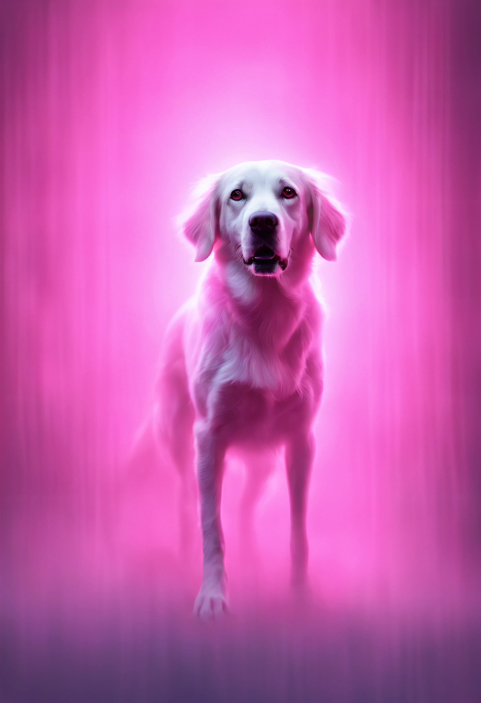 A ghost of a dog, a dog pink hologram texture, pink translucent spirit of a dog, spirit dog hologram, low opacity, conceptual art, ghostly form, pink fog around the spirit of the dog, glowing fog intricate ghosty dog, photorealistic, glowing spirit dog, photoreal, hyperrealism