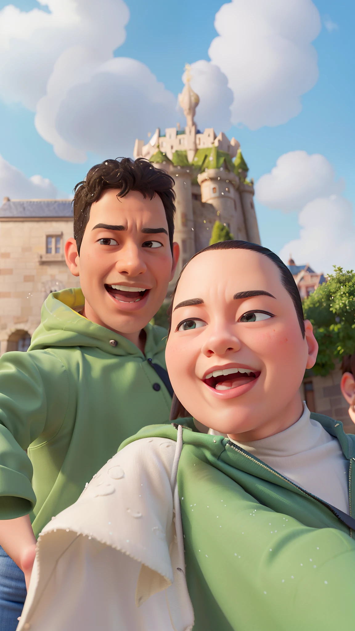 (masterpiece, high quality:1.3), disney pixar style, cute, beautiful and adorable young couple, one man mixed race, green raincoat, and one chubby white woman, (loocking at viewer), happy, laughing, with a castle in the background