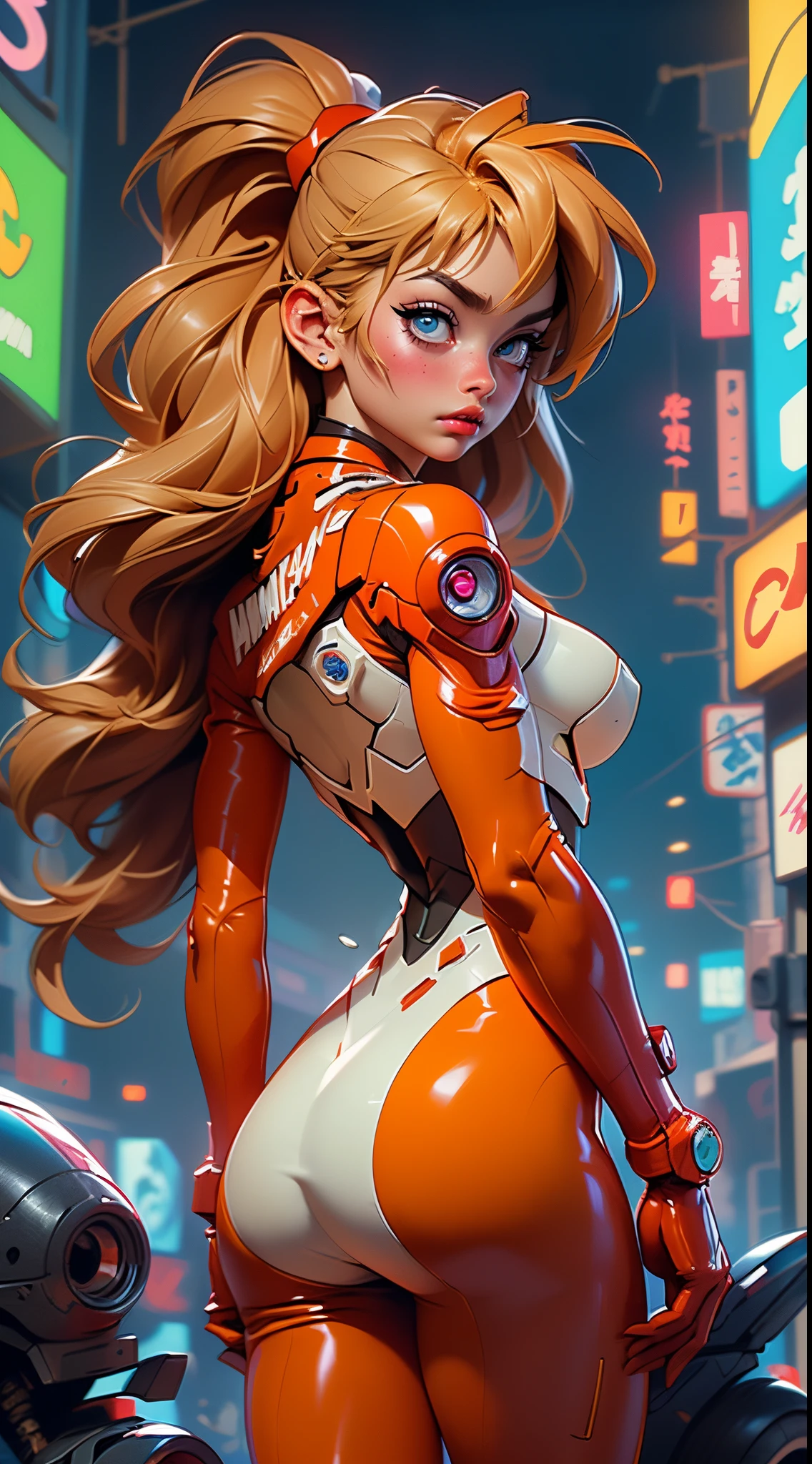(rear view, backside view),((La mejor calidad, better resolution, Retrato premiado, Arte Oficial)), ((Obra maestra perfecta)), ((realista)) and ultra detailed photography of a nerdy cyberpunk souryuu asuka langley girl with gothic and (post apocalyptic colors).. Ella tiene ((cabello largo y rubio)), lleva un (Harajuku inspired cyberpunk tech top) y un (Harajuku inspired cyberpunk tech clothing bottom:1.2) , ((la estetica mas bella y sexy)), sexy, Super huge tits hugely giant, Escote mostrando, caliente,(souryuu asuka langley latex bodysuit:1.4),Ojos detailed, manos detailed,