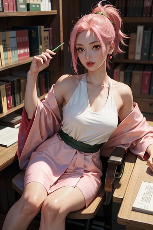 young woman, peach skin, short bubblegum pink hair, wide forehead, emerald green eyes, big red lips, fiery red kimono, Sakura Haruno, 3d, library