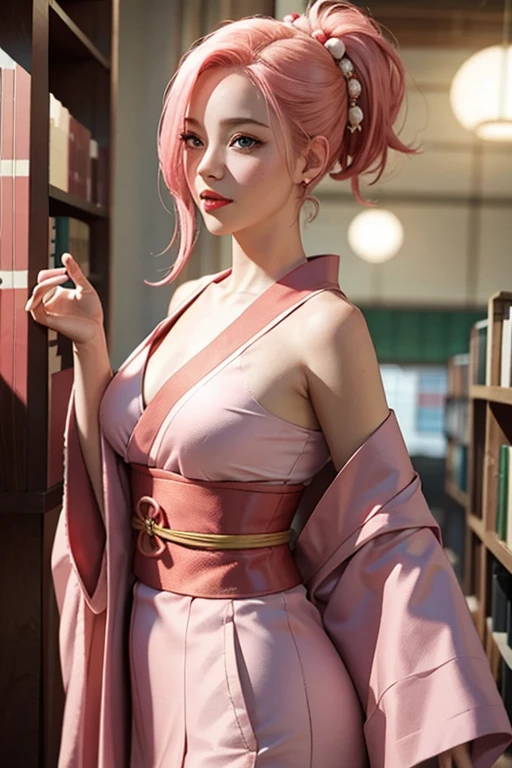 young woman, peach skin, short bubblegum pink hair, wide forehead, emerald green eyes, big red lips, fiery red kimono, Sakura Haruno, 3d, library