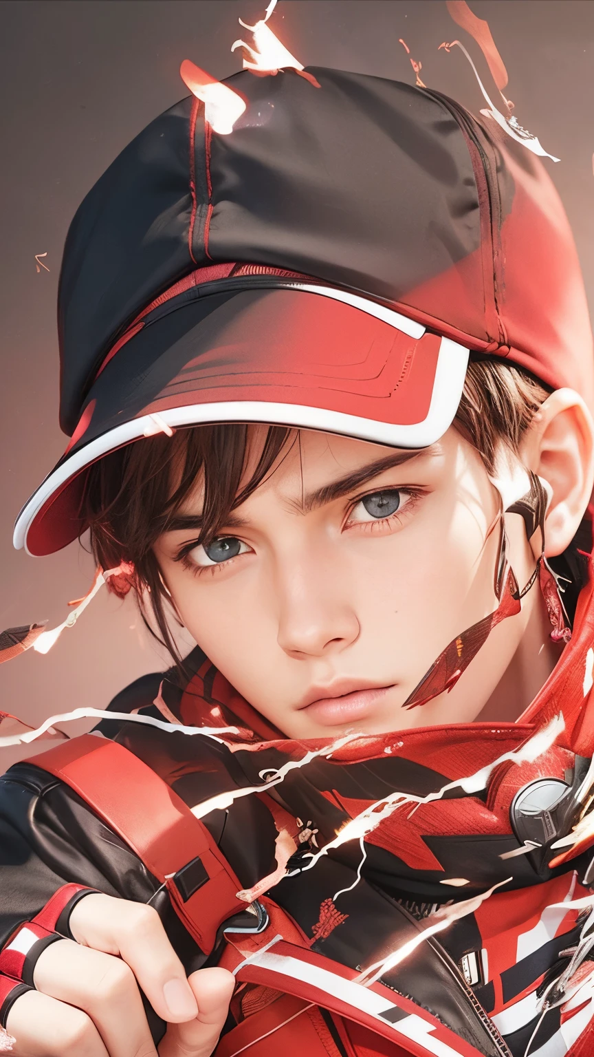 A boy with realistic short black and red hair, the same realistic hairstyle, the same realistic hat, realistic handsome face, realistic cool expression, the same realistic expression, adapt same realistic clothes, realistic nice hands, realistic red lightning effect, realistic light, realistic shadows, realistic background, Very good photo results, 4k, ultra detailed, realistic, realistic skin,ultra detail skin